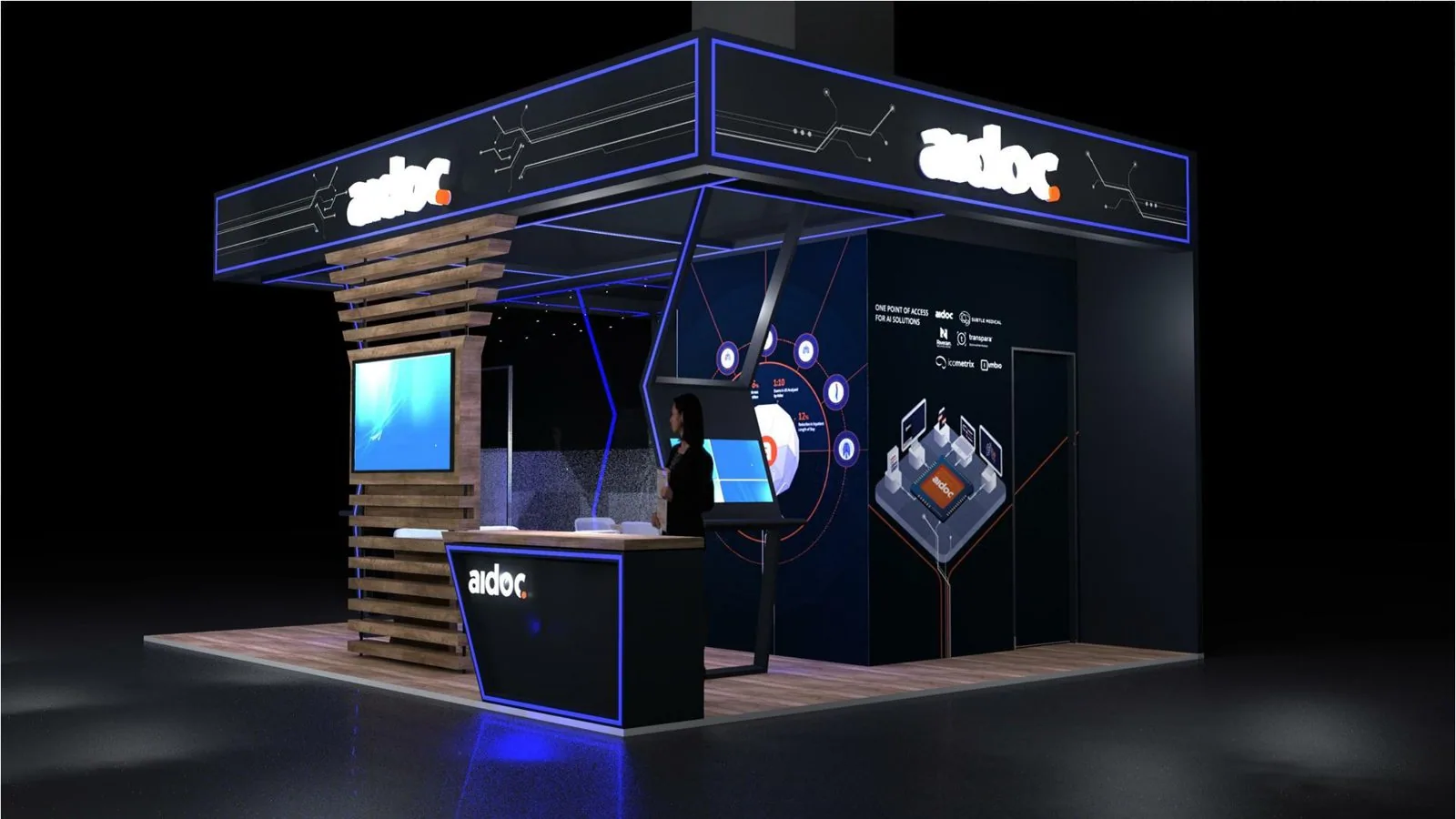 Aidoc booth side view with AI solutions wall