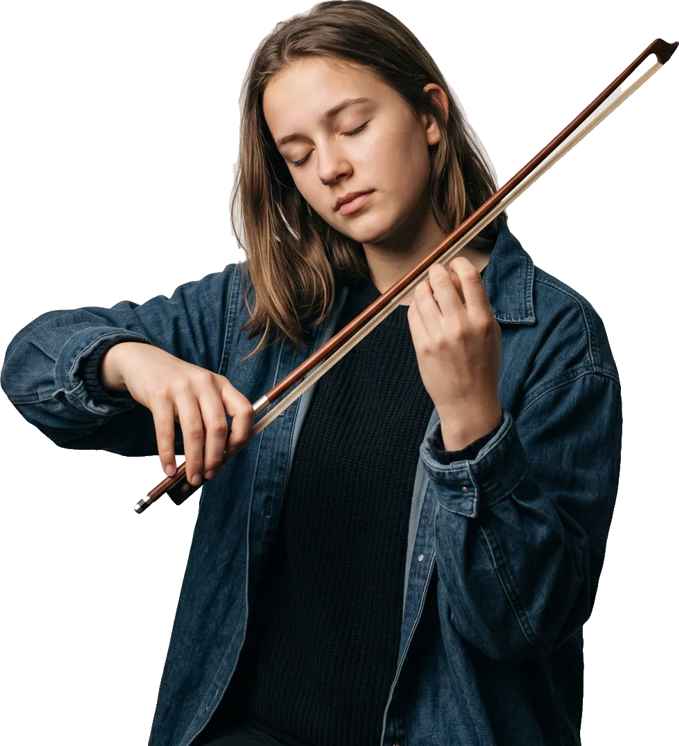 Student playing with a violin bow