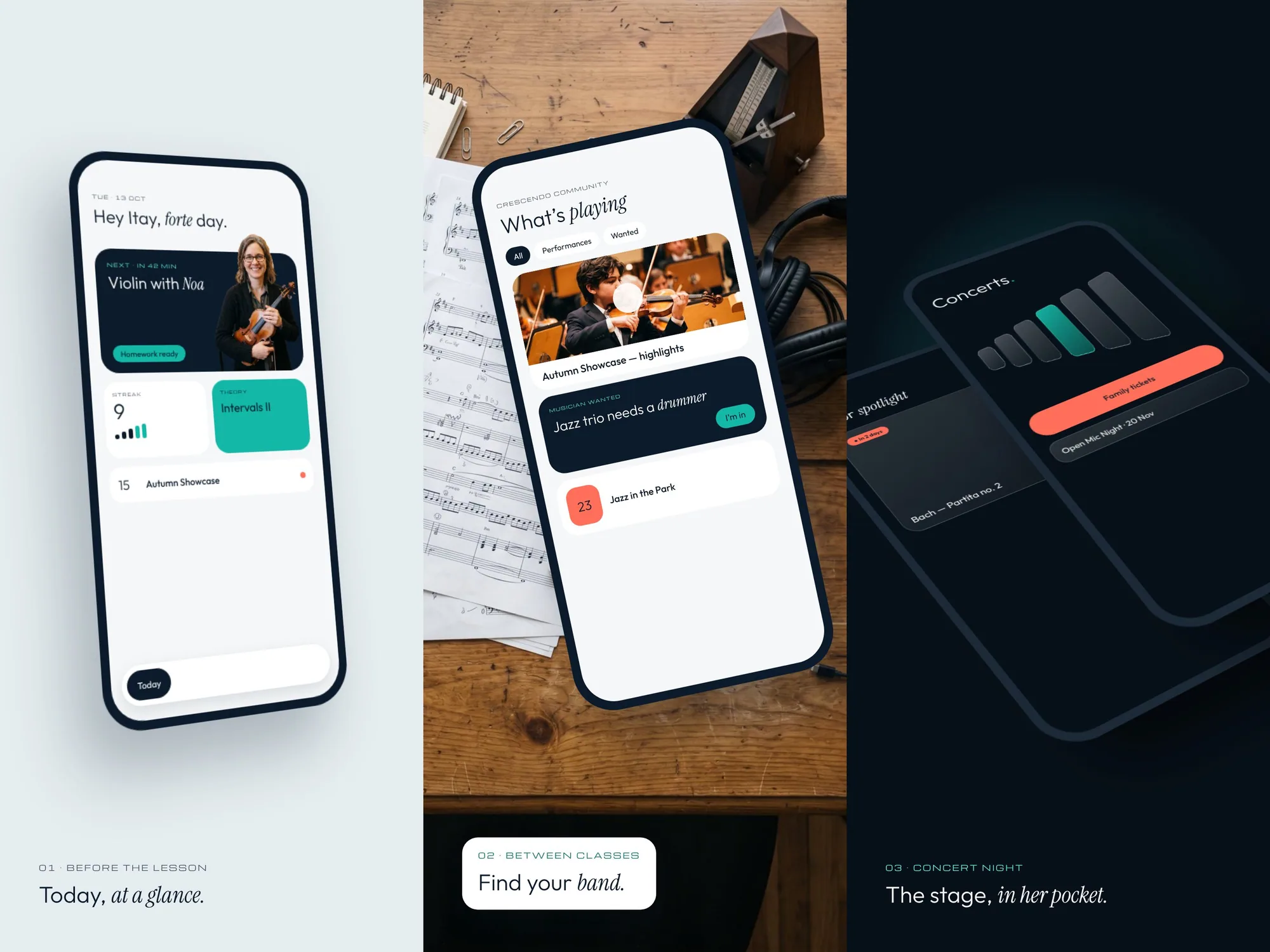 The app in three angles: before the lesson, between classes, and on concert night