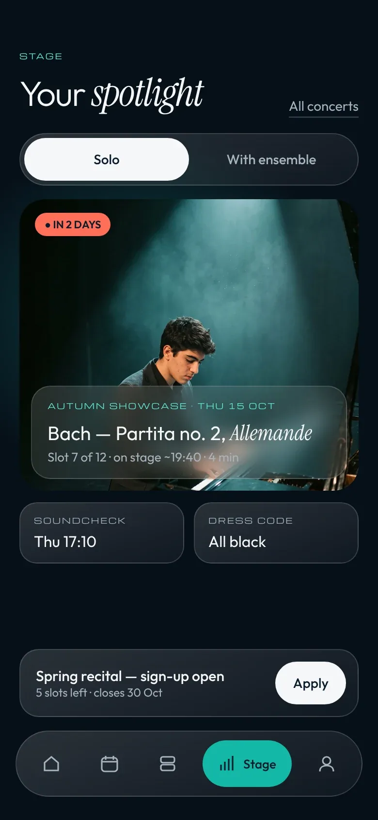 My performances screen in stage mode