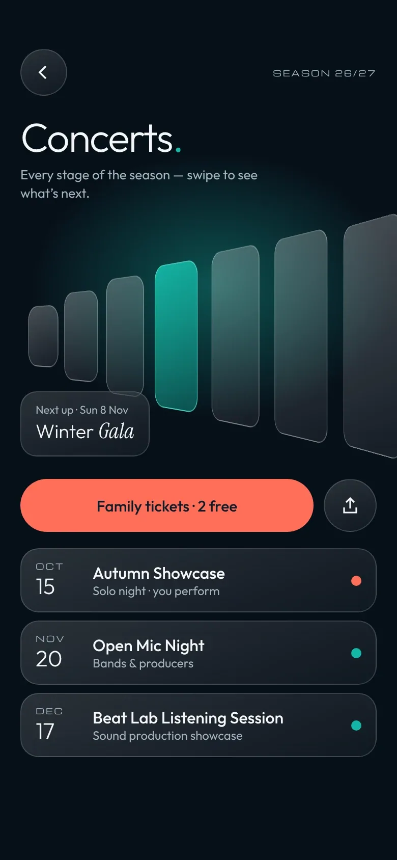 Concerts screen with the fanned glass cards