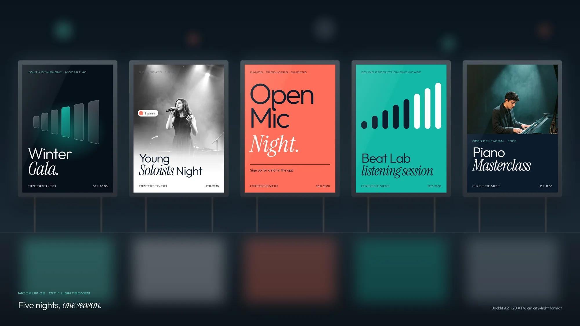 Five concert posters in backlit city lightboxes