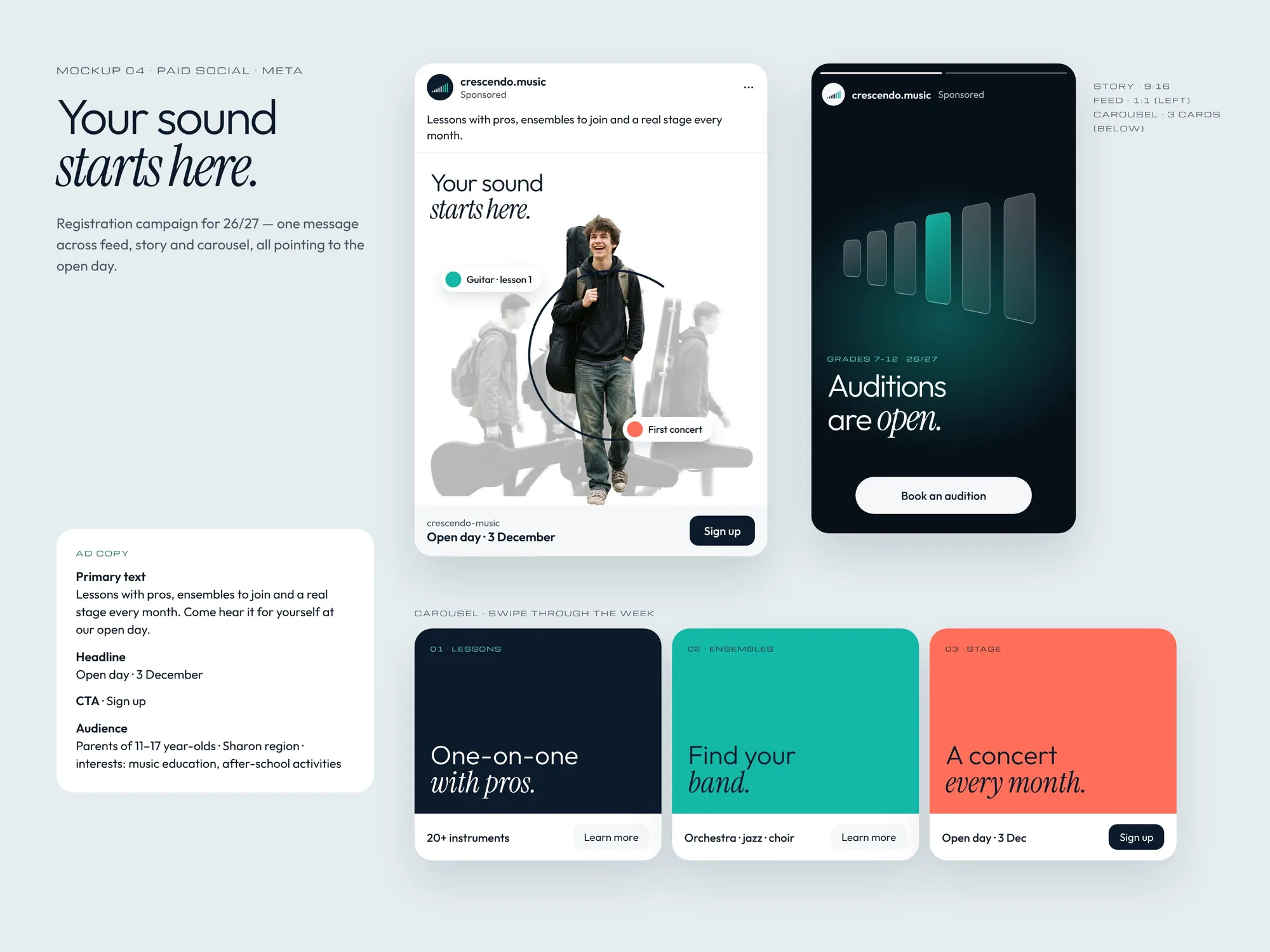 Paid social campaign for registration: feed ad, story ad and carousel