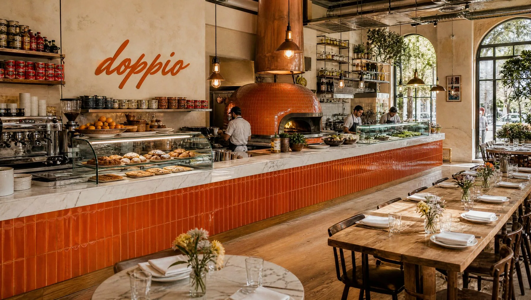 The DOPPIO open kitchen: one orange-tiled counter with the coffee station, the wood-fired oven and the salad station