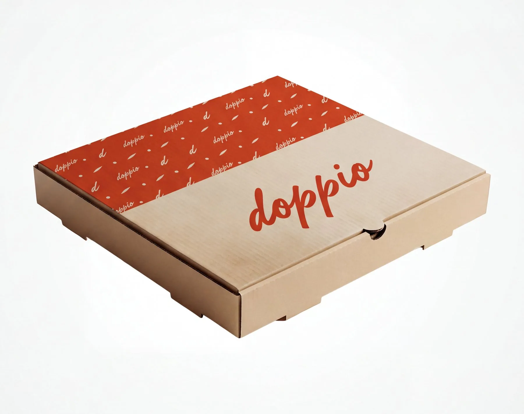 Kraft pizza box with a Brace pattern band and the logo