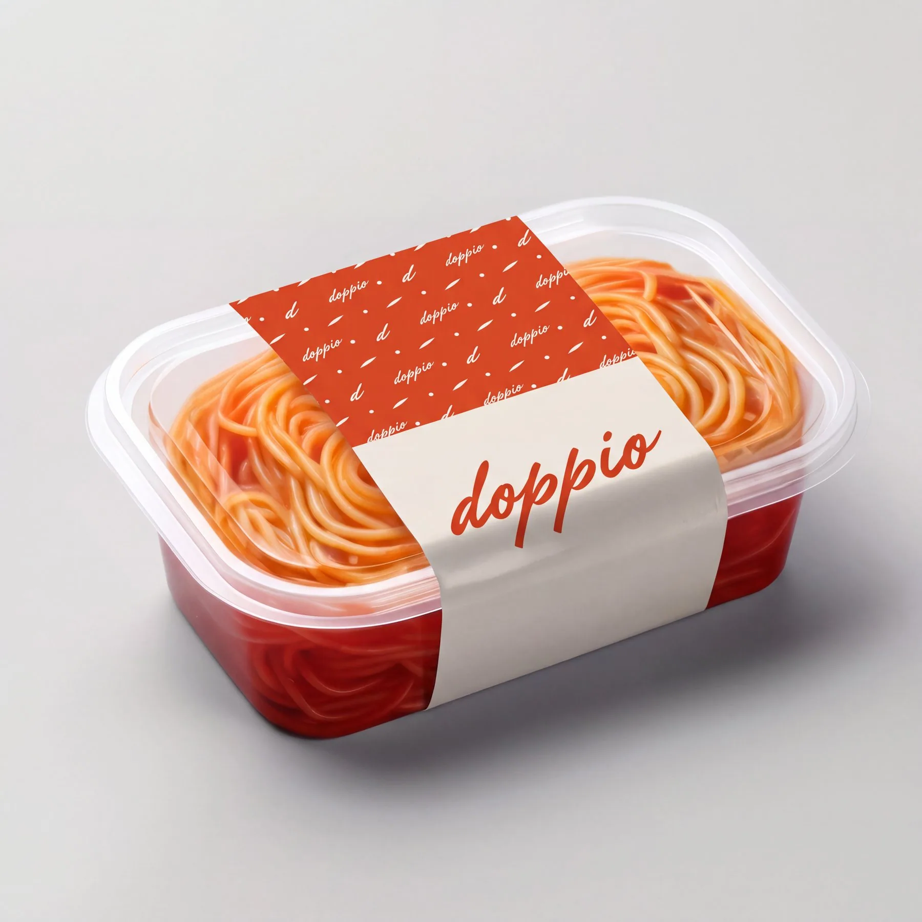 Fresh pasta to go, sleeved in the pattern and the logo