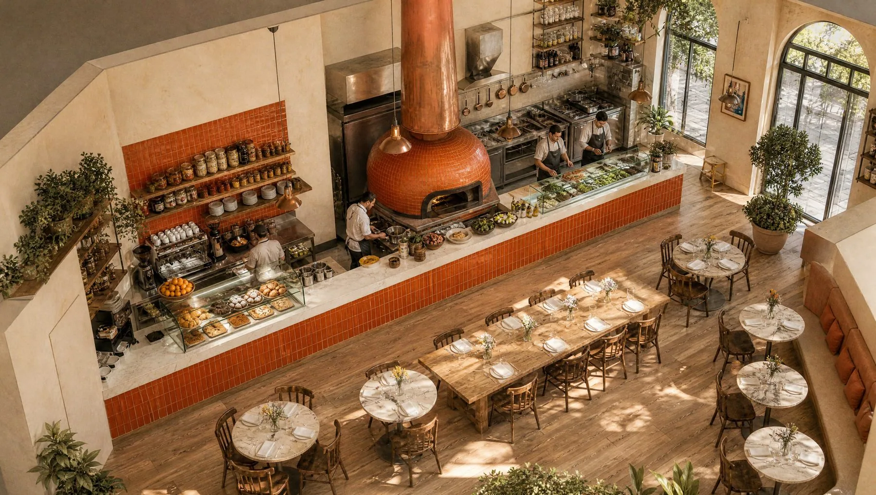 Bird’s-eye view of the dining room facing the open kitchen