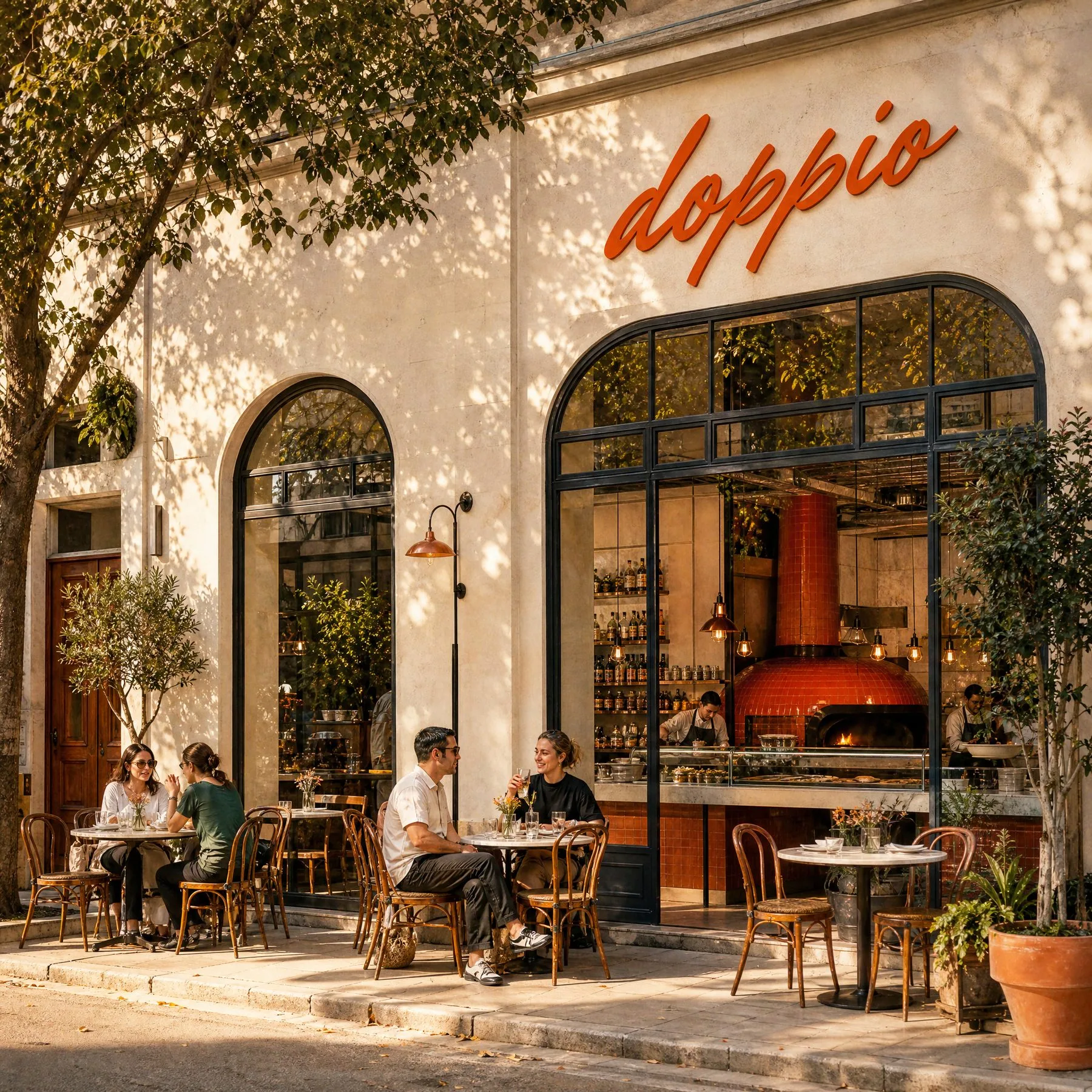 The storefront: brush logo above arched windows, café tables outside