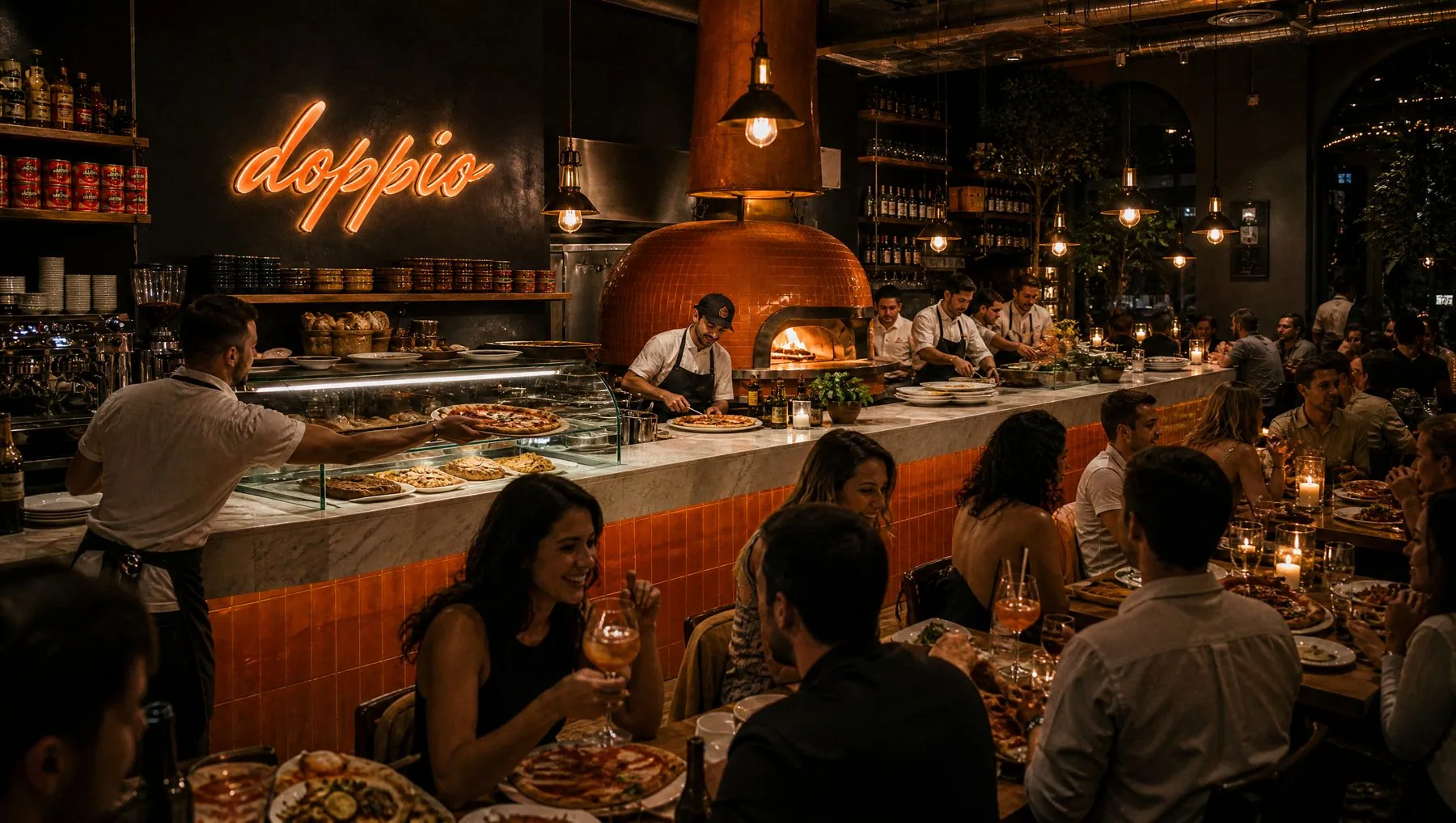 The restaurant at night with the neon logo above the oven