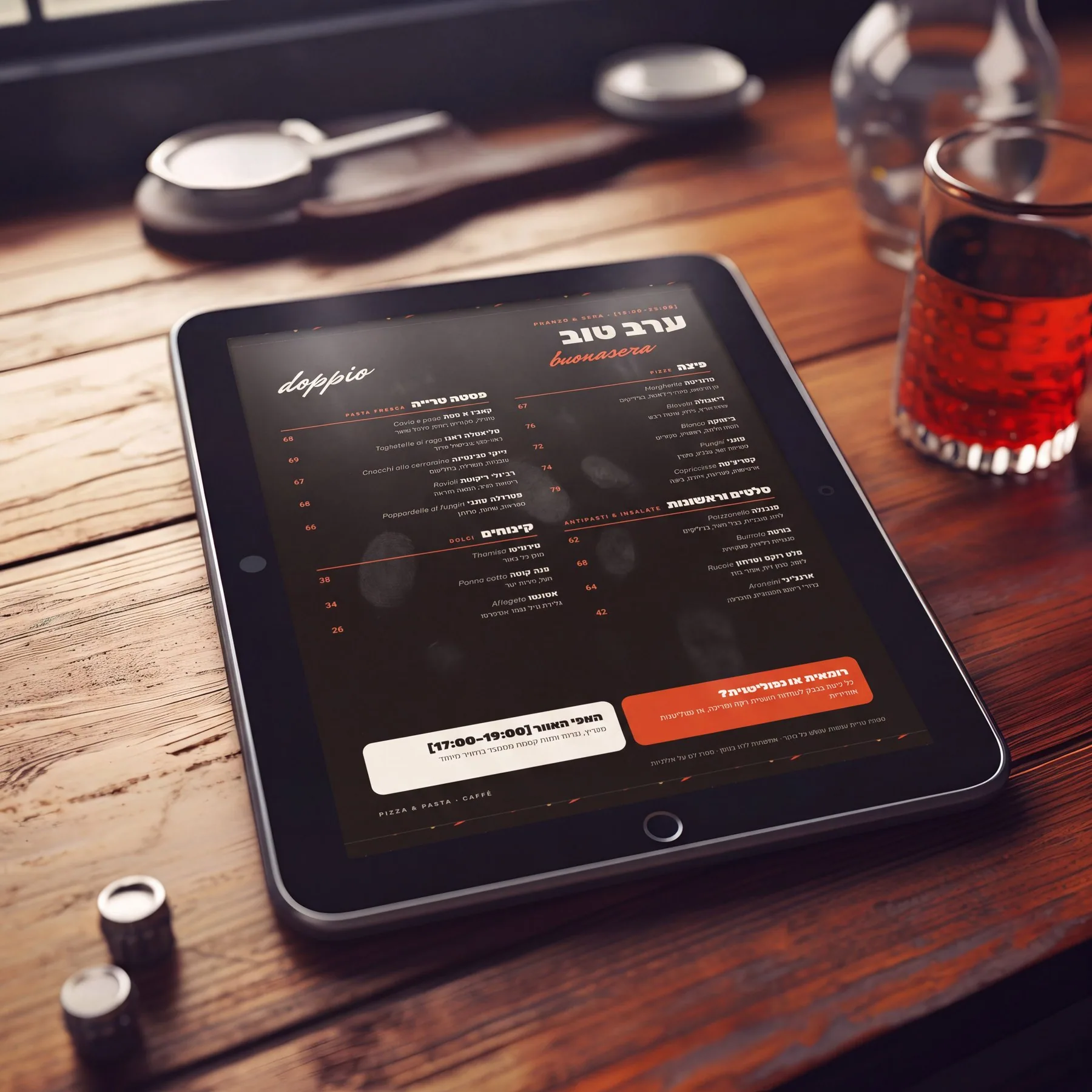 The evening menu on a tablet at the table
