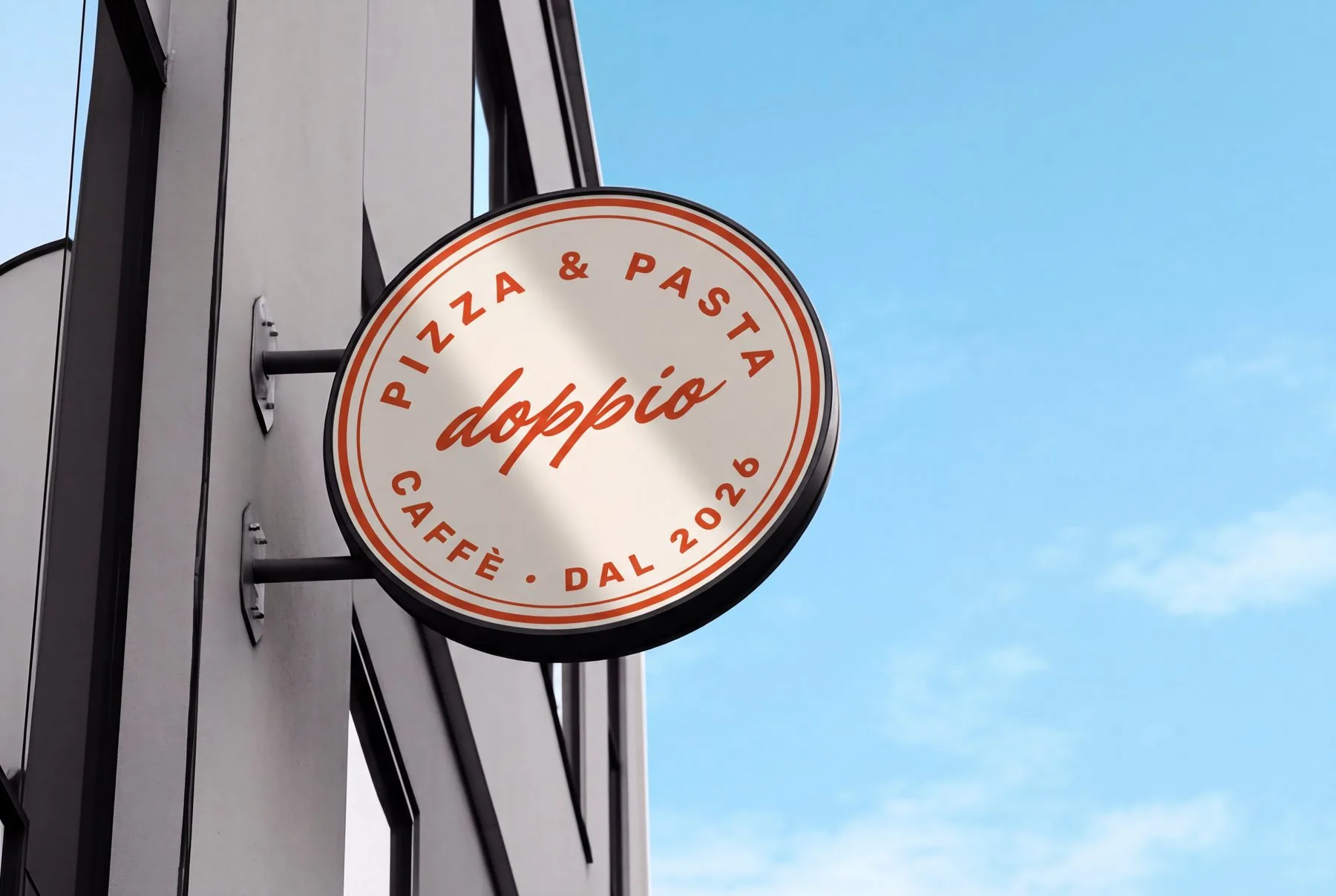 Round blade sign on the building: Pizza & pasta · Caffè · dal 2026