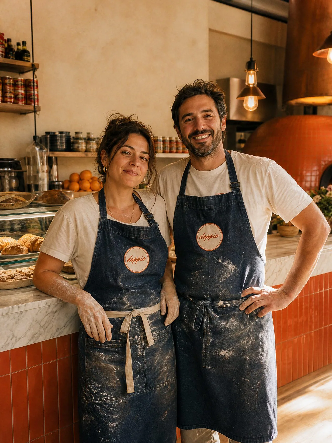 The owners in DOPPIO denim aprons with the round patch