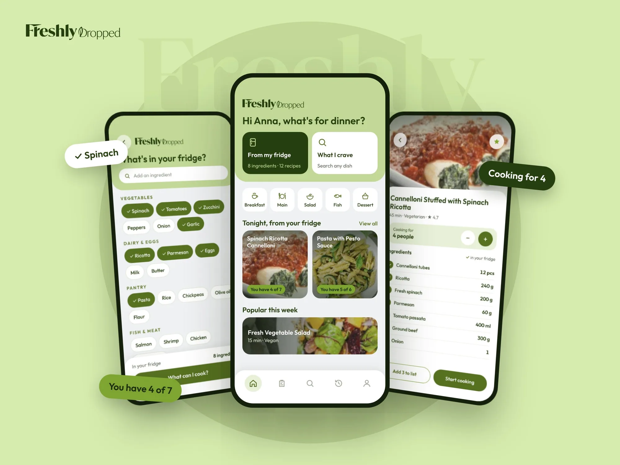 Freshly Dropped app: the fridge, home and recipe screens on three phones