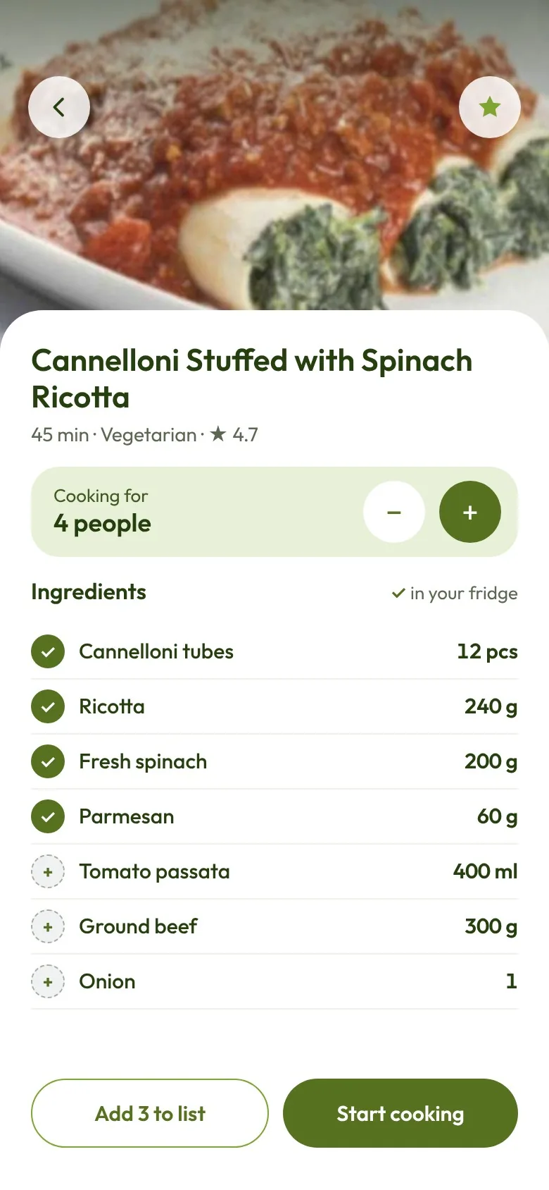 Recipe page with the servings control