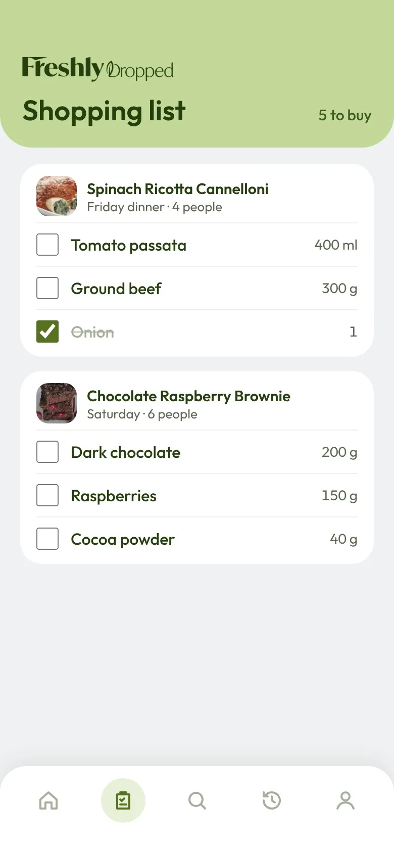 Shopping list grouped by meal