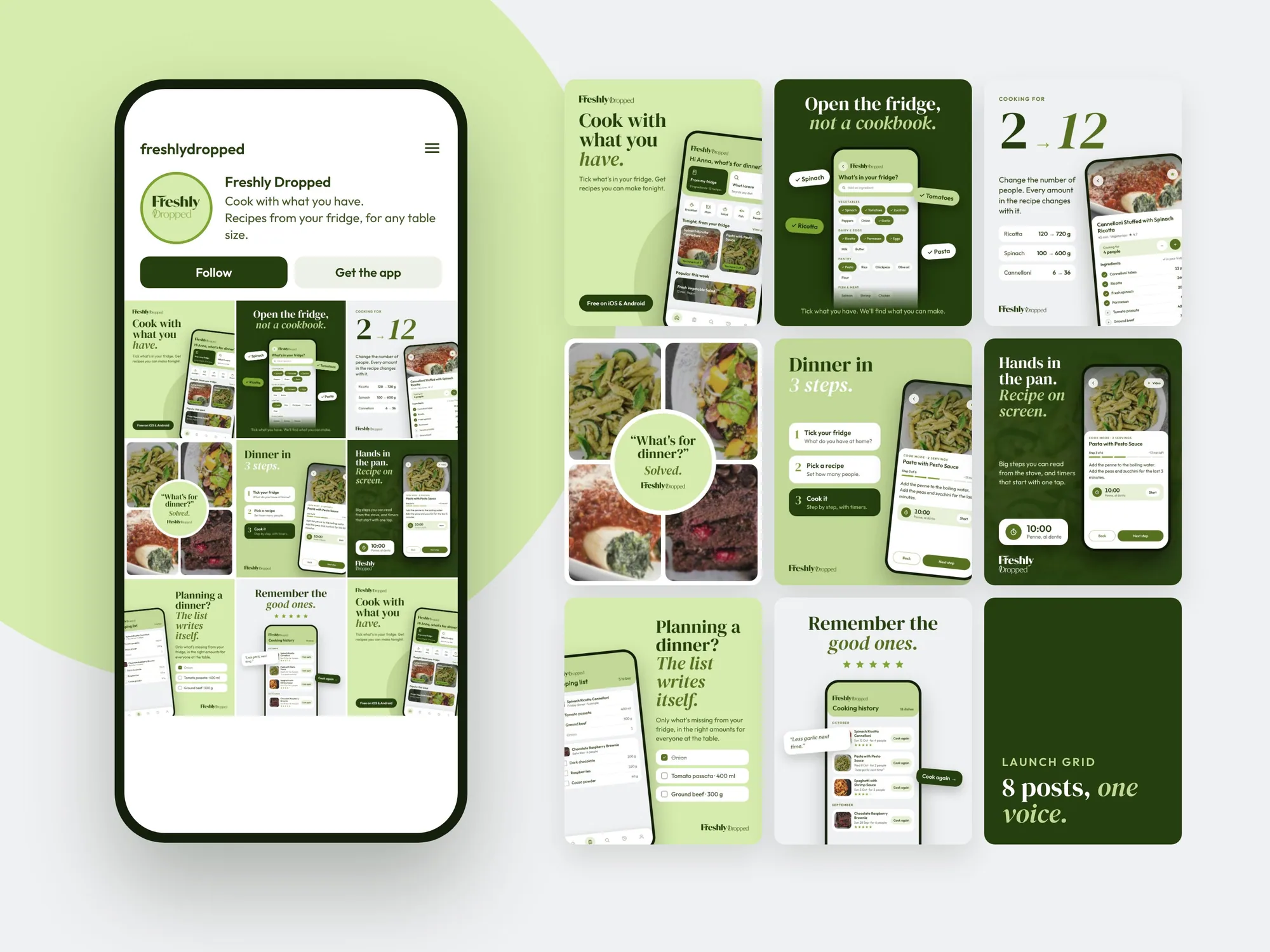 Social profile mockup and the launch grid of eight posts