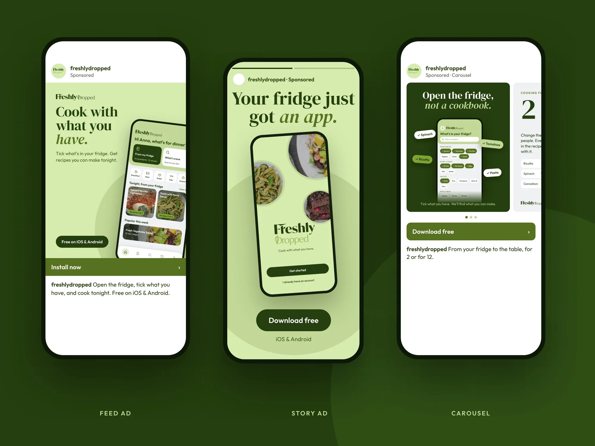 App-install campaign: feed ad, story ad and carousel