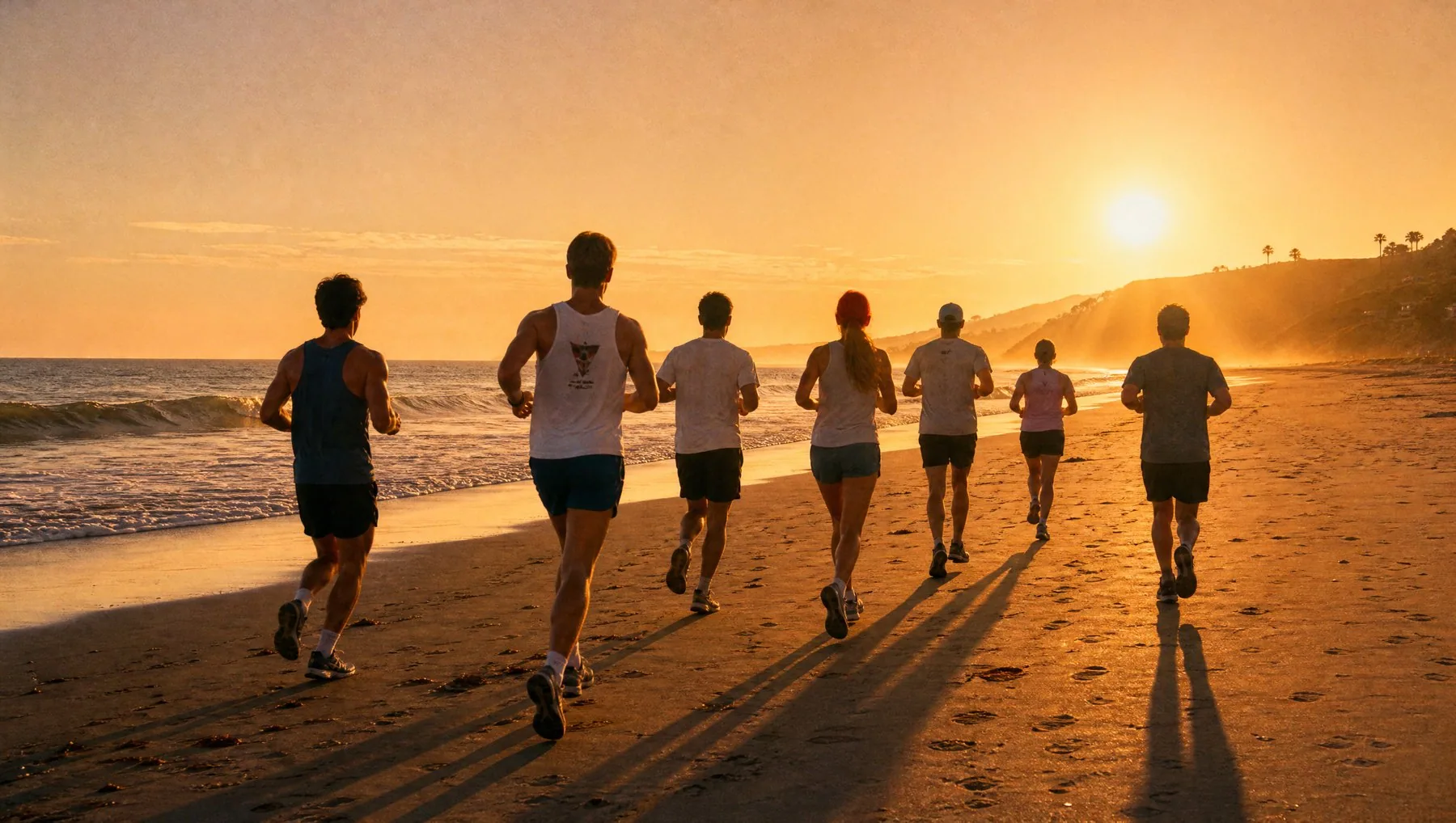 A running group jogging together along the beach at sunrise