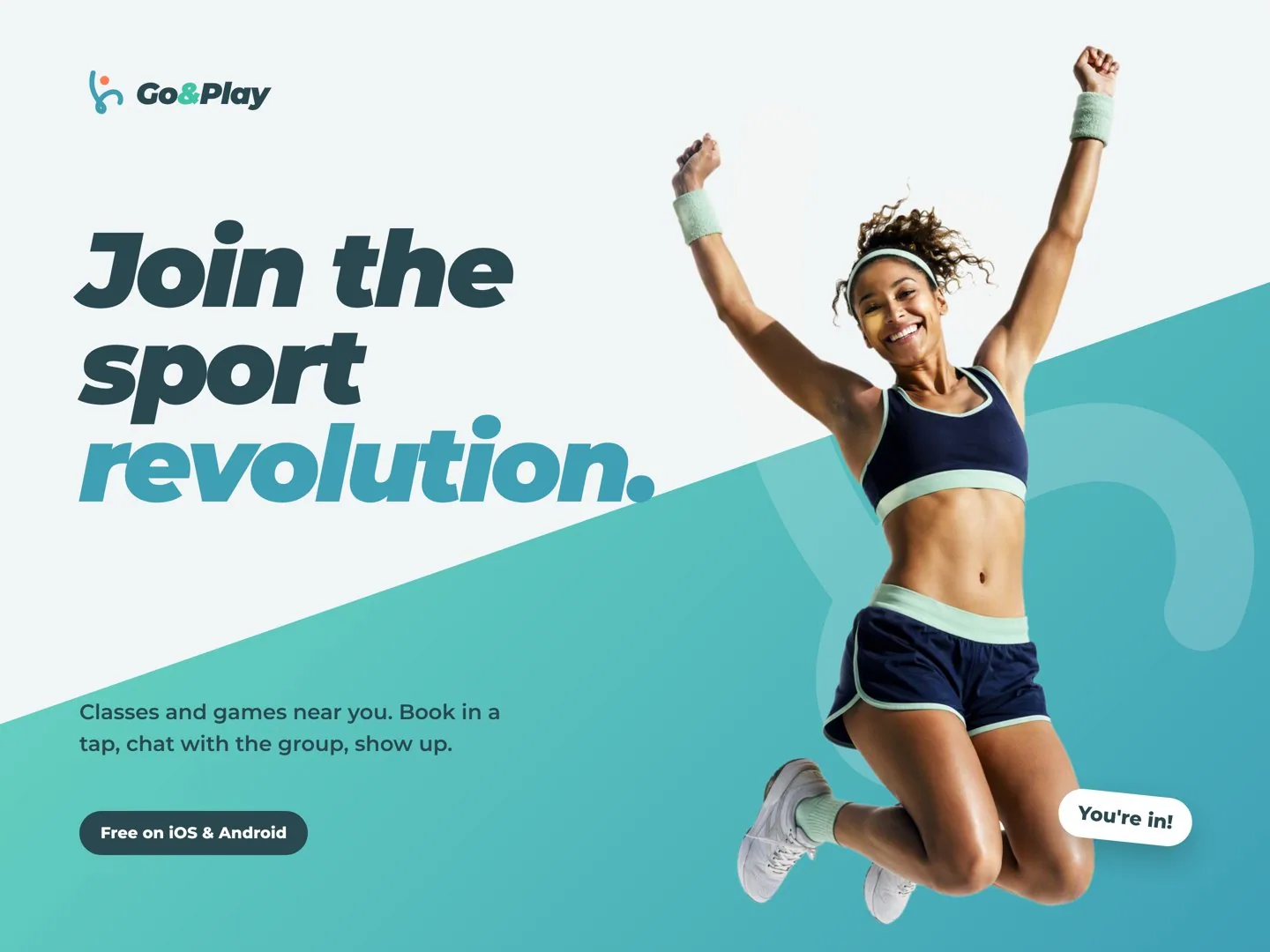Brand moment: an athlete jumping over the mint slant with “Join the sport revolution.”