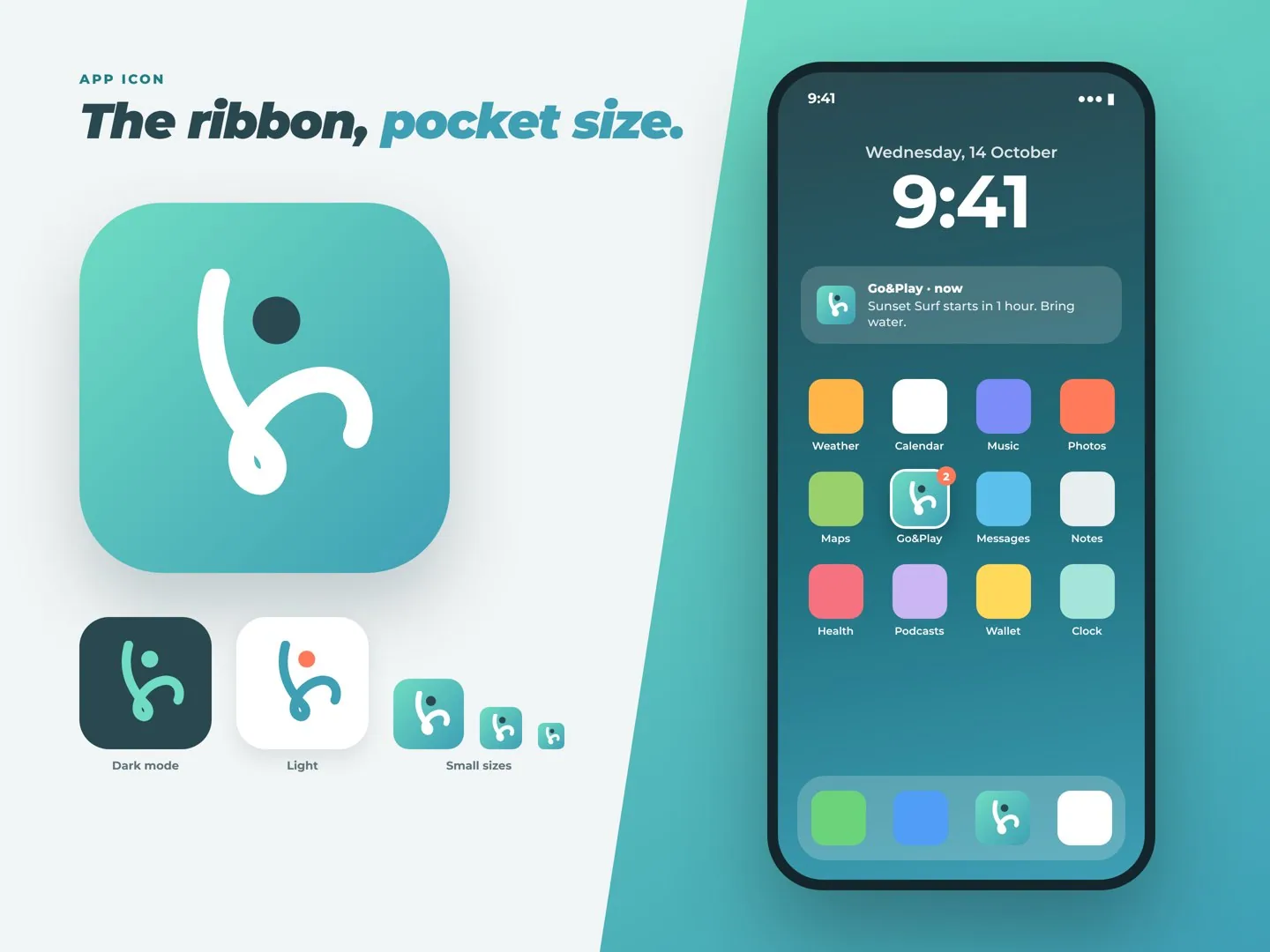 App icon: the white ribbon and navy head on the mint-to-teal gradient, dark and light versions, small sizes, and the icon on a phone home screen with a session reminder