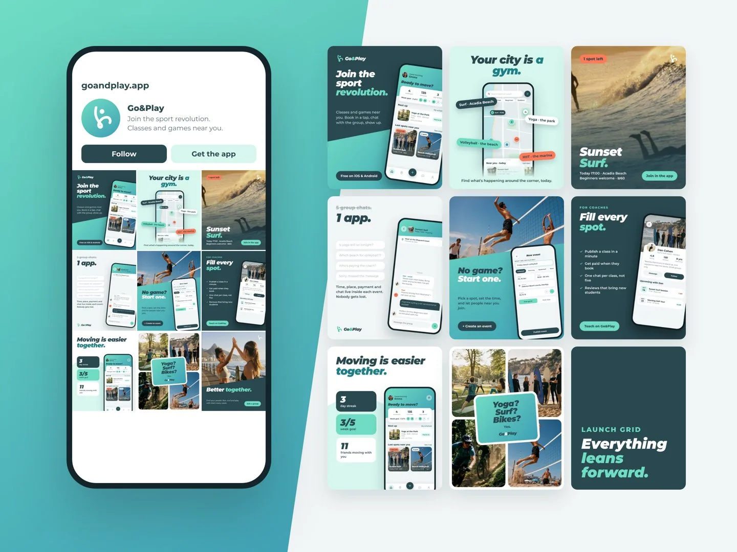 Instagram profile mockup for Go&Play and the launch grid of posts