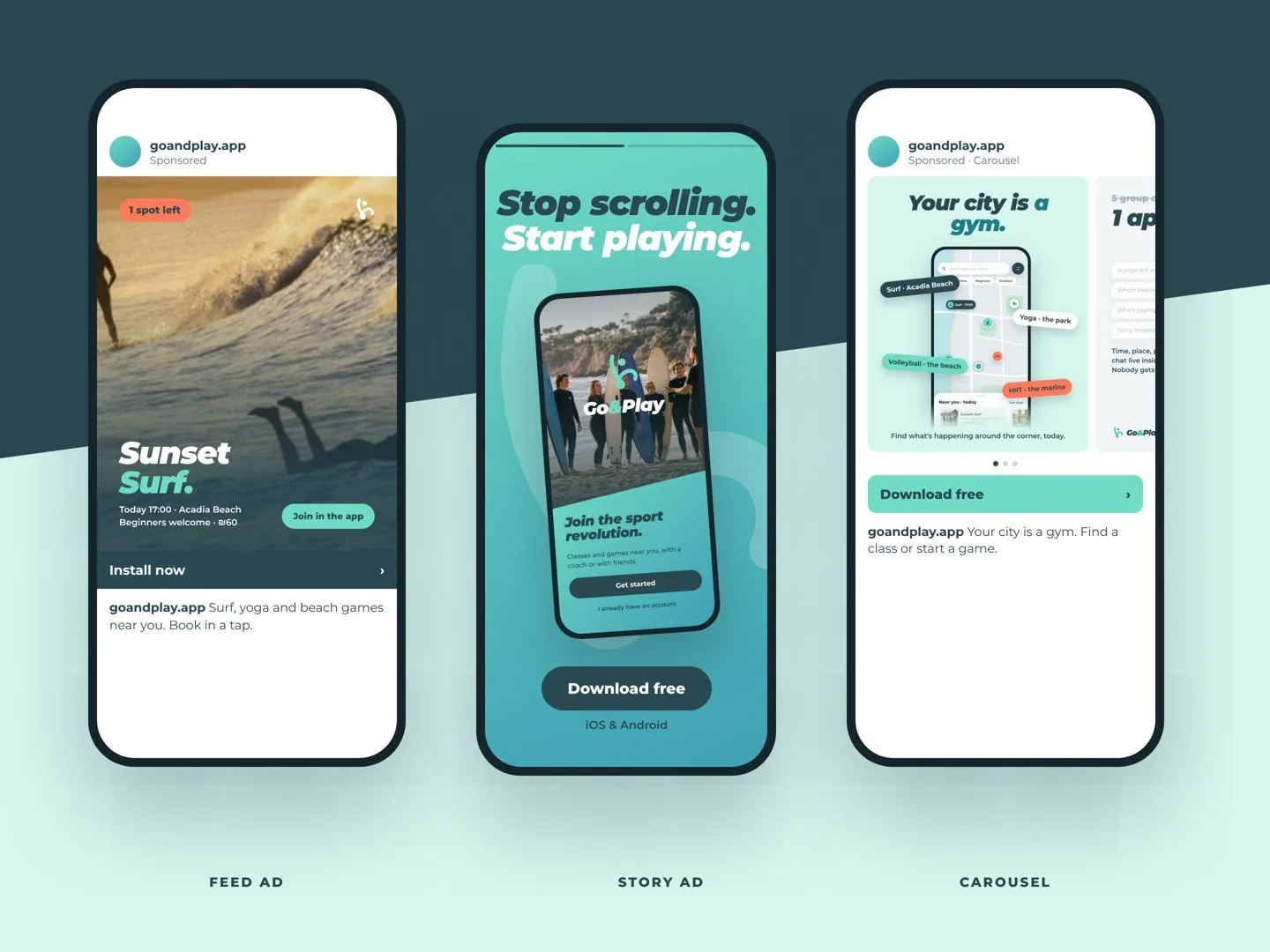 Install campaign: feed ad, story ad and carousel ad