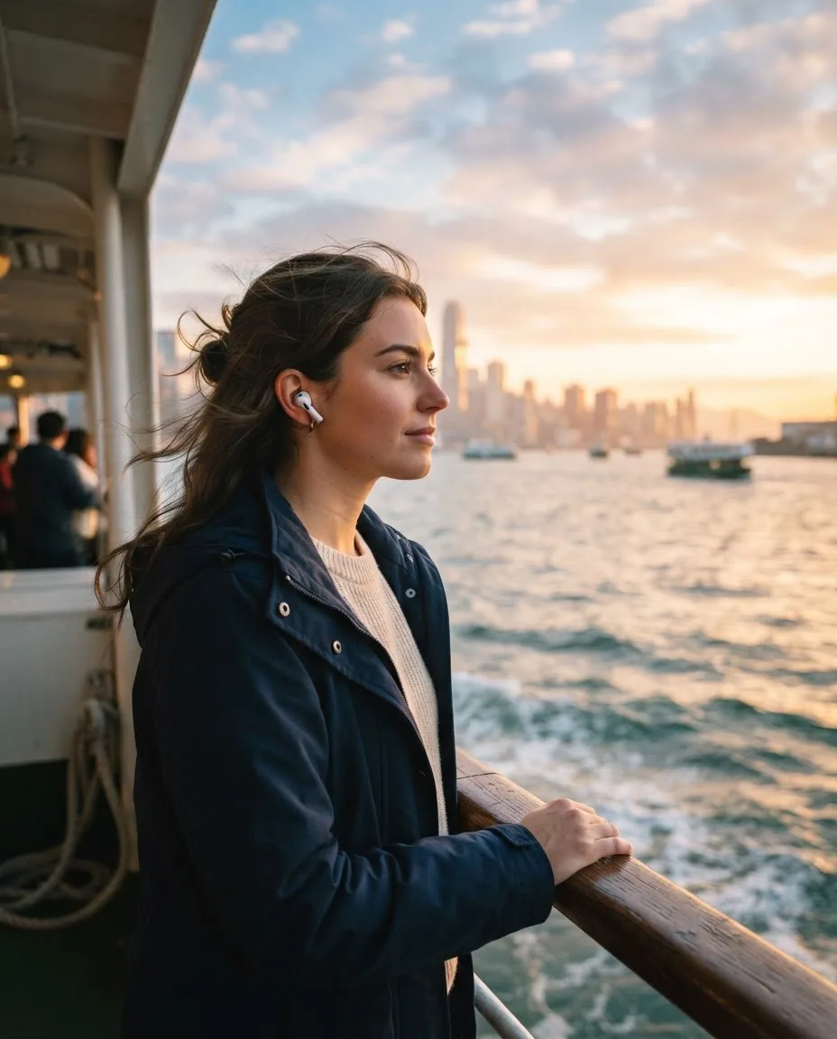 A commuter wearing earbuds on a harbour ferry at sunset