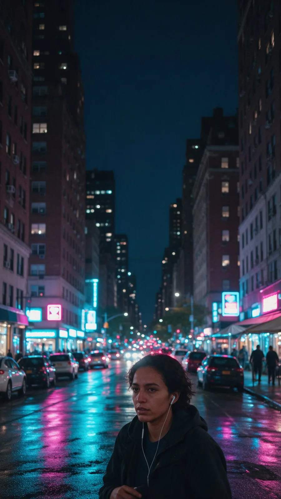 Night city street with cyan and magenta neon, a person wearing earbuds