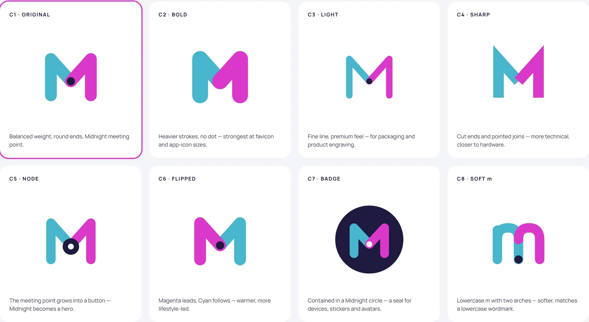 Eight variations of the Duo mark: C1 Original (chosen), C2 Bold, C3 Light, C4 Sharp, C5 Node, C6 Flipped, C7 Badge and C8 Soft m