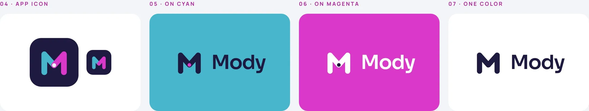 App icon and the lockup on cyan, on magenta and in one color
