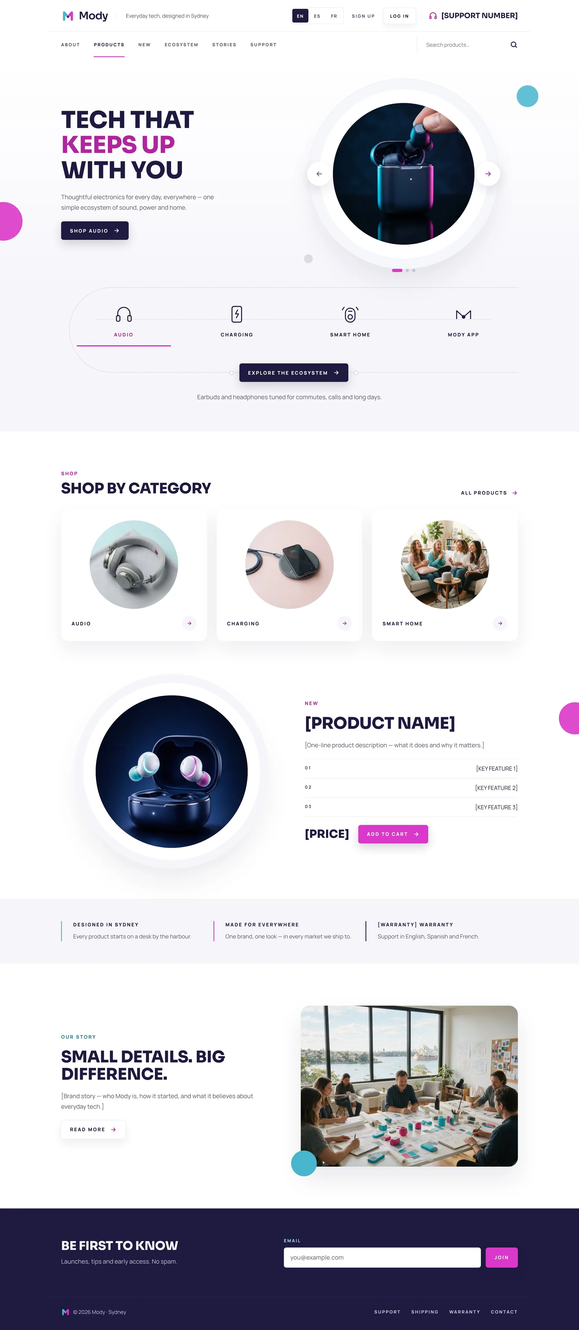 Mody website, desktop: hero with earbuds, category rail, shop by category, featured product and brand story