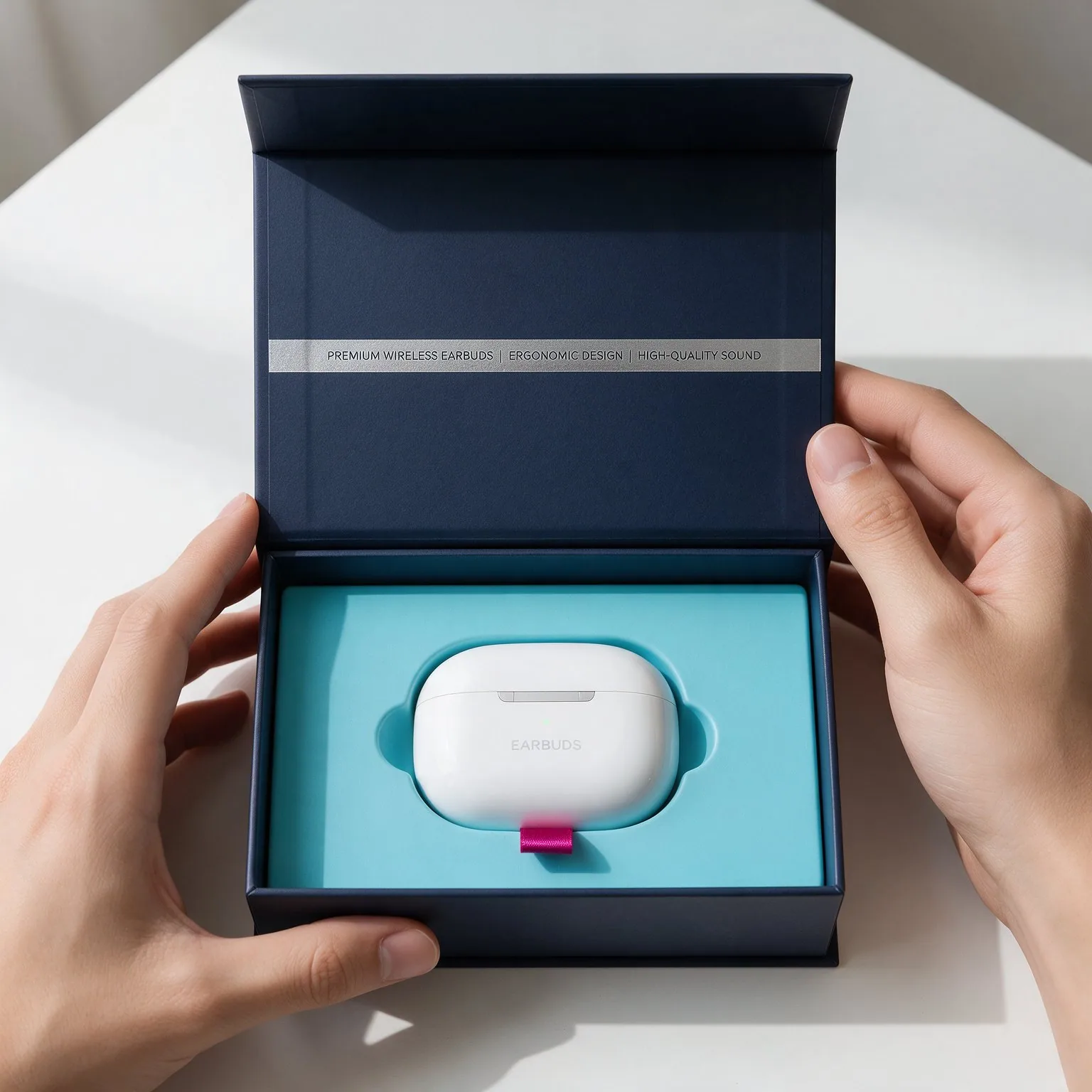 Hands opening a Midnight box with a cyan tray and a magenta pull tab