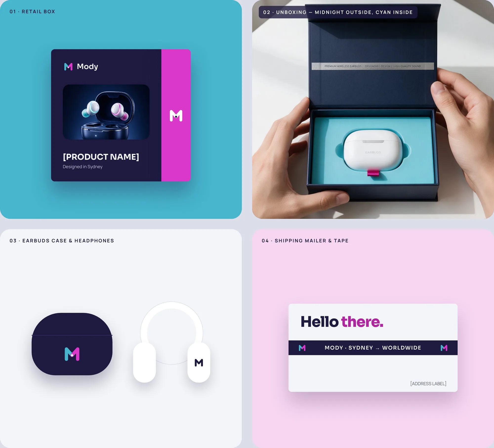 Packaging mockups: retail box, unboxing, earbuds case and headphones, shipping mailer and tape