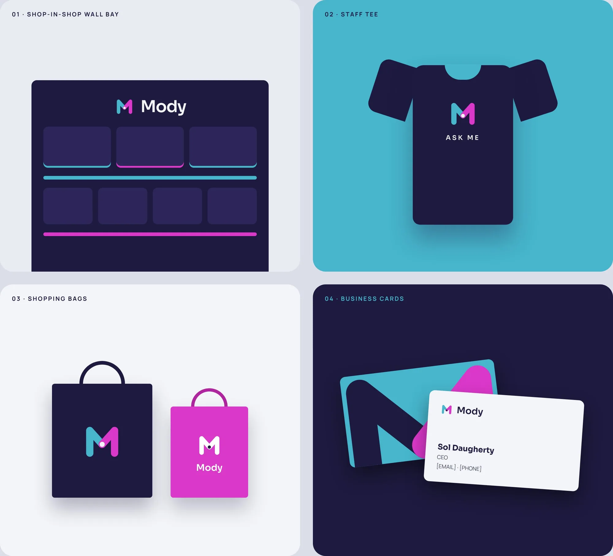 Retail and merch mockups: shop-in-shop wall bay, staff tee, shopping bags and business cards