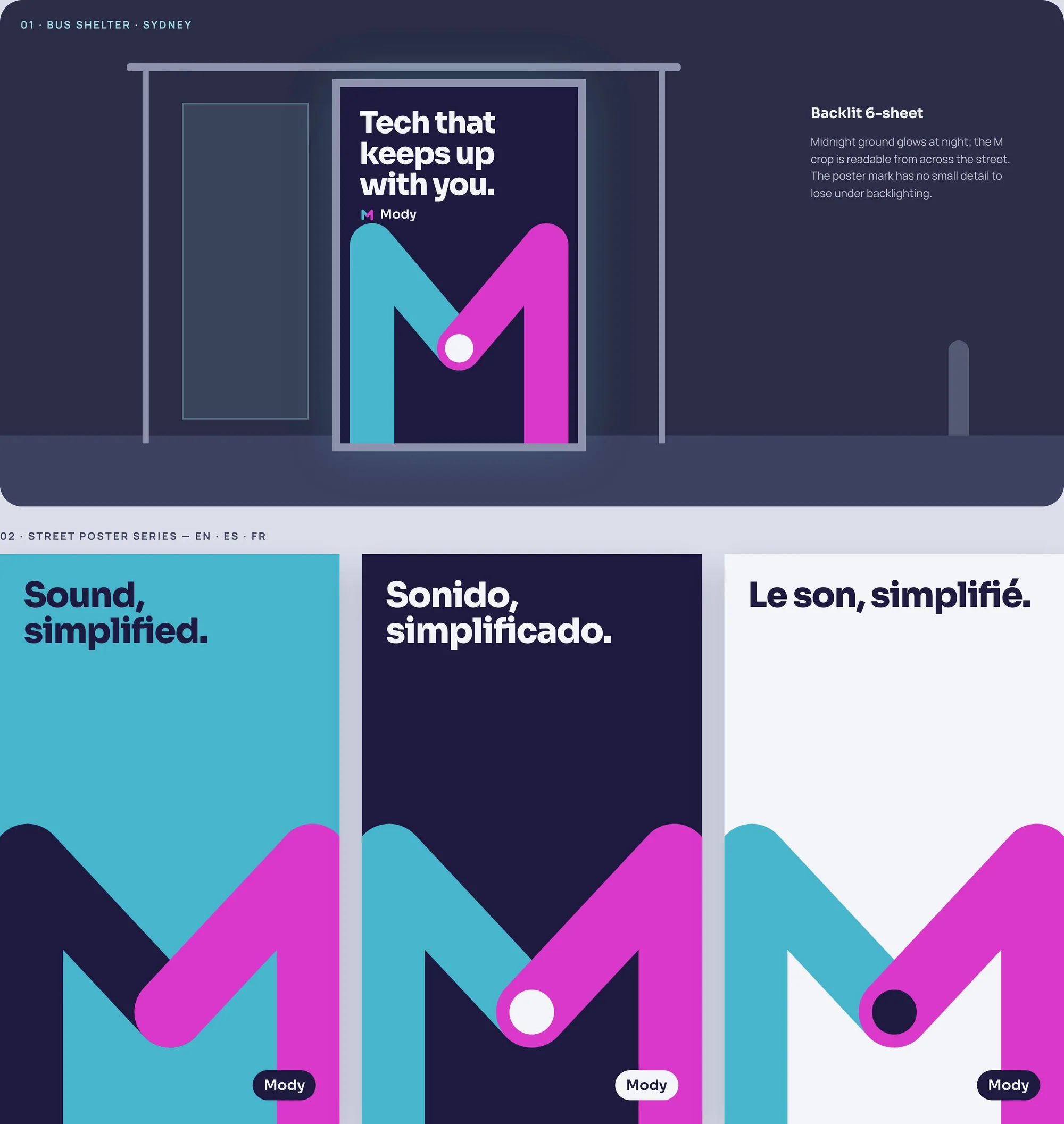 Bus shelter poster in Sydney and a street poster series in English, Spanish and French