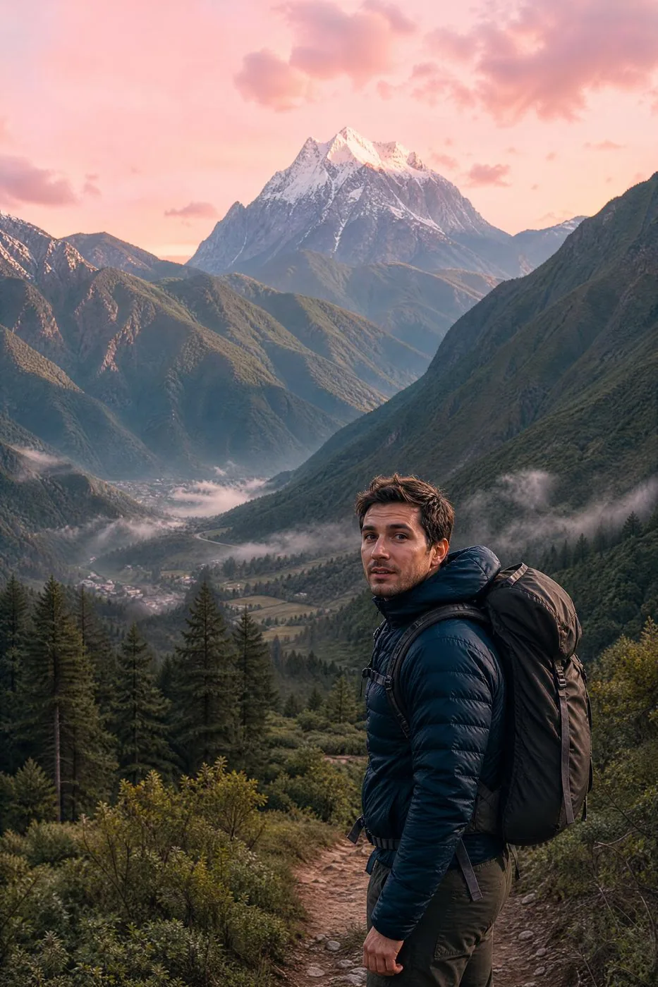 Hiker in an alpine valley below a snowy peak