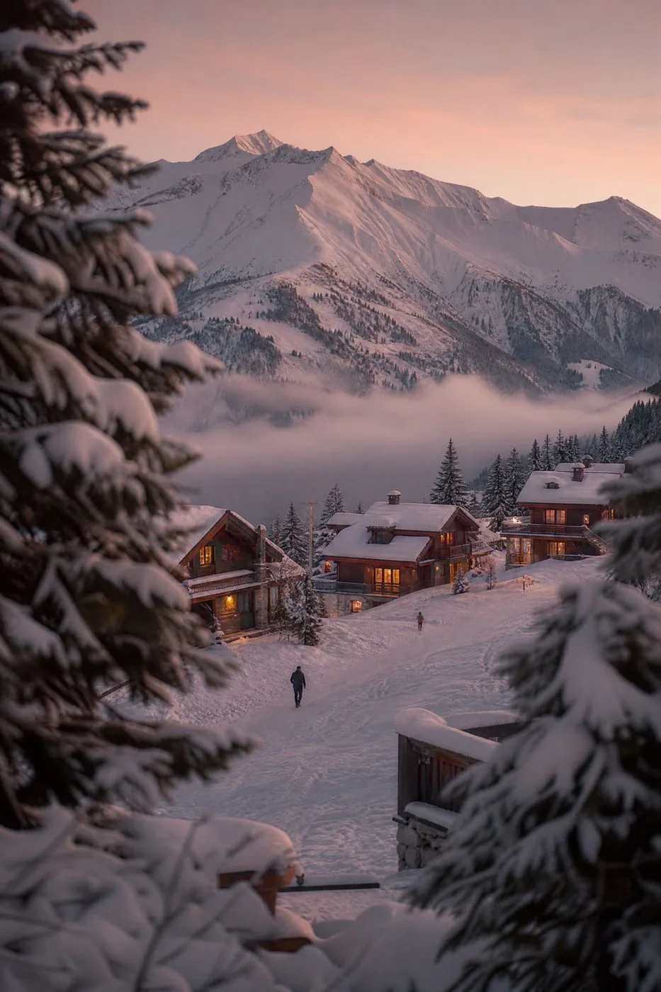 Snowy chalets at dawn