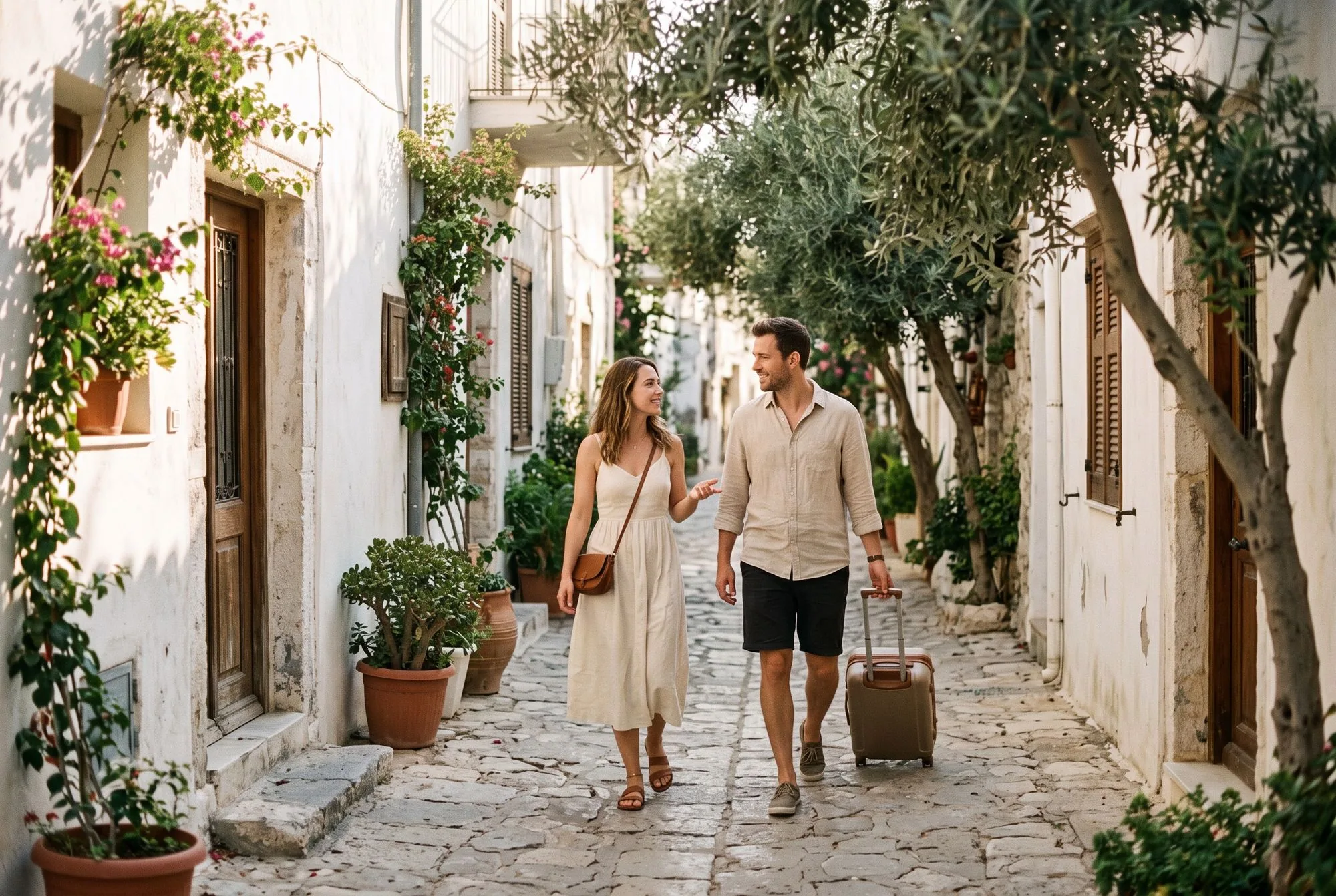 A couple with a suitcase walking down a whitewashed street lined with olive trees