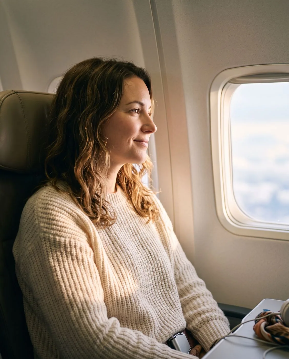 A traveler smiling out of an airplane window