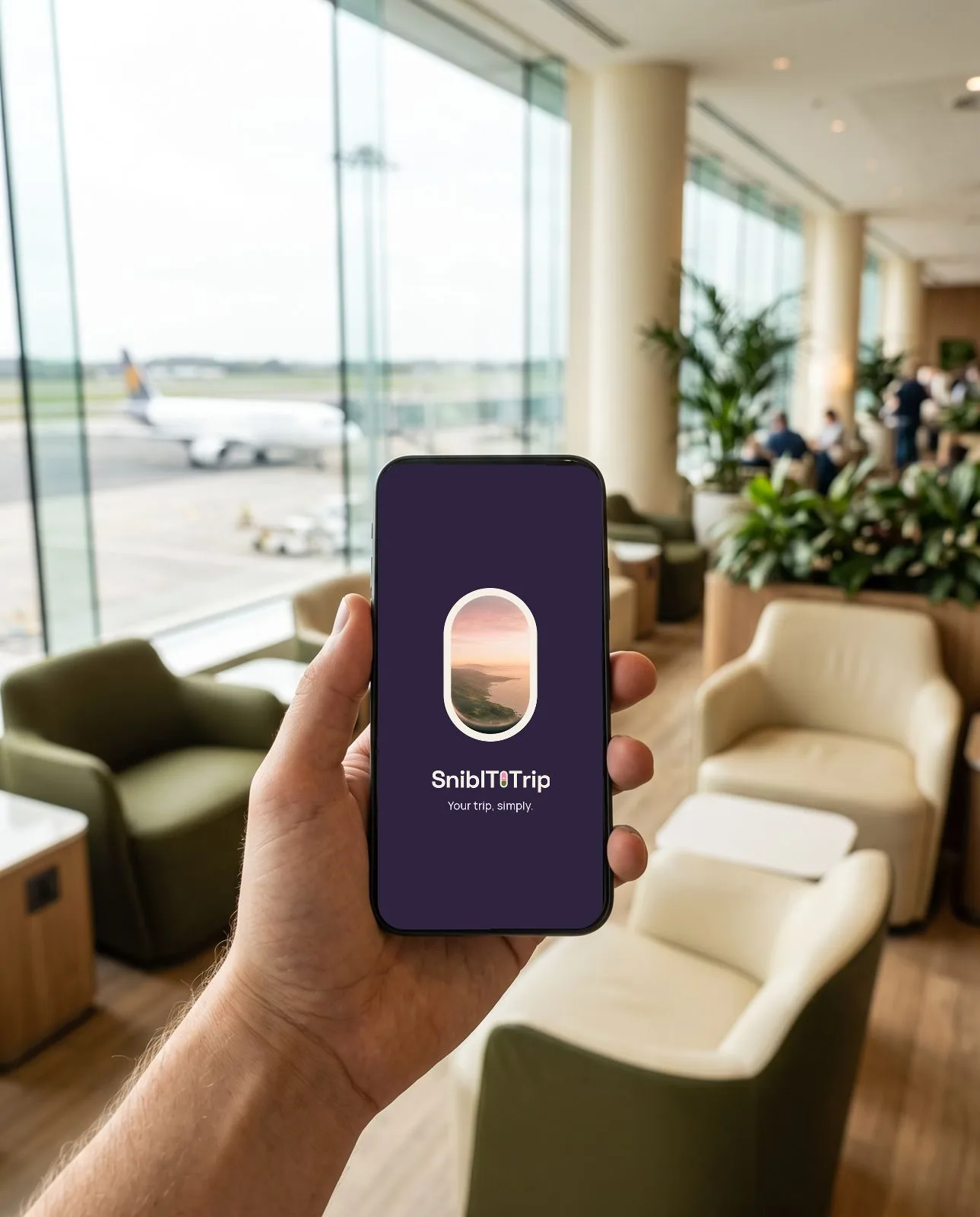 Phone in an airport lounge showing the SniblToTrip splash screen