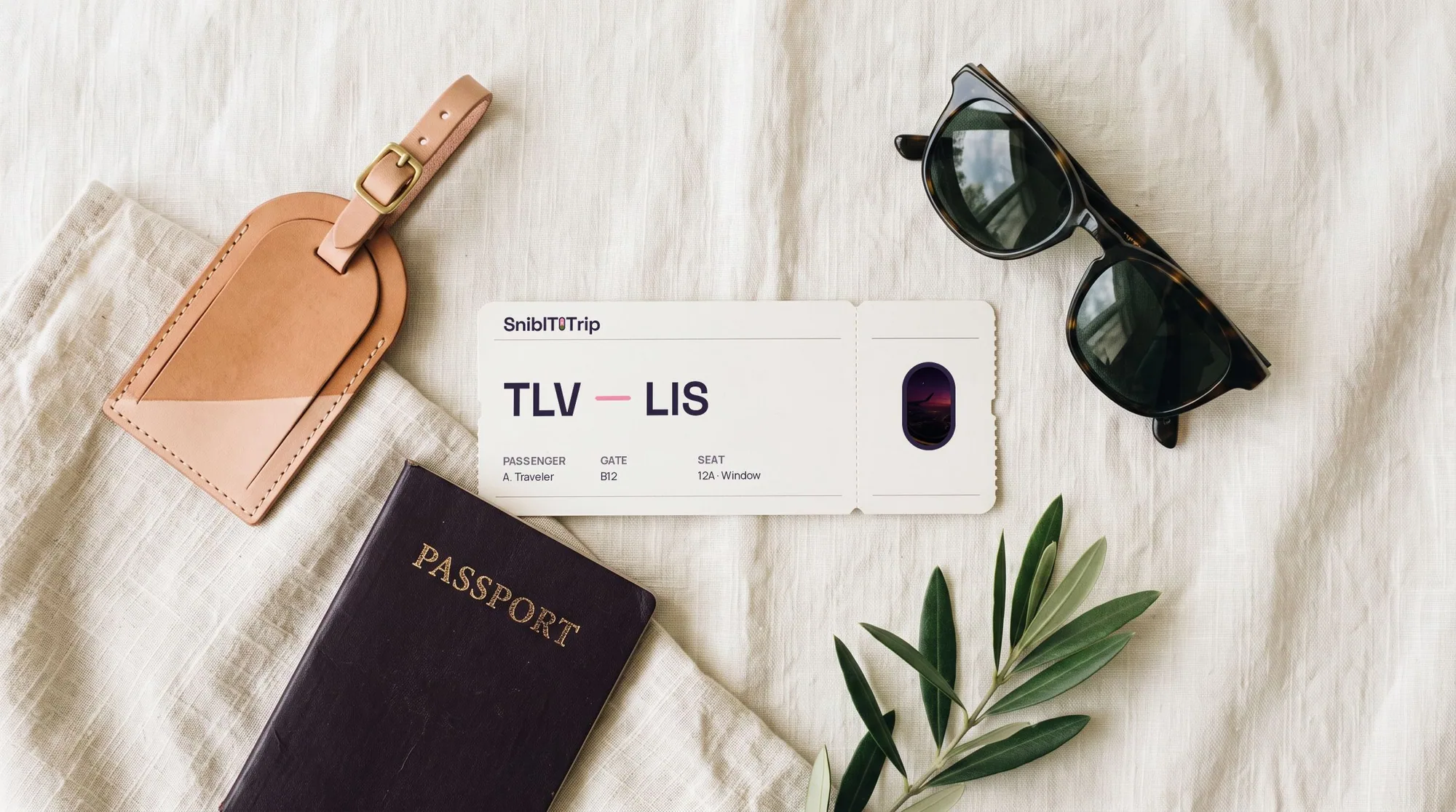 Flat lay with passport, sunglasses, luggage tag and a SniblToTrip boarding pass