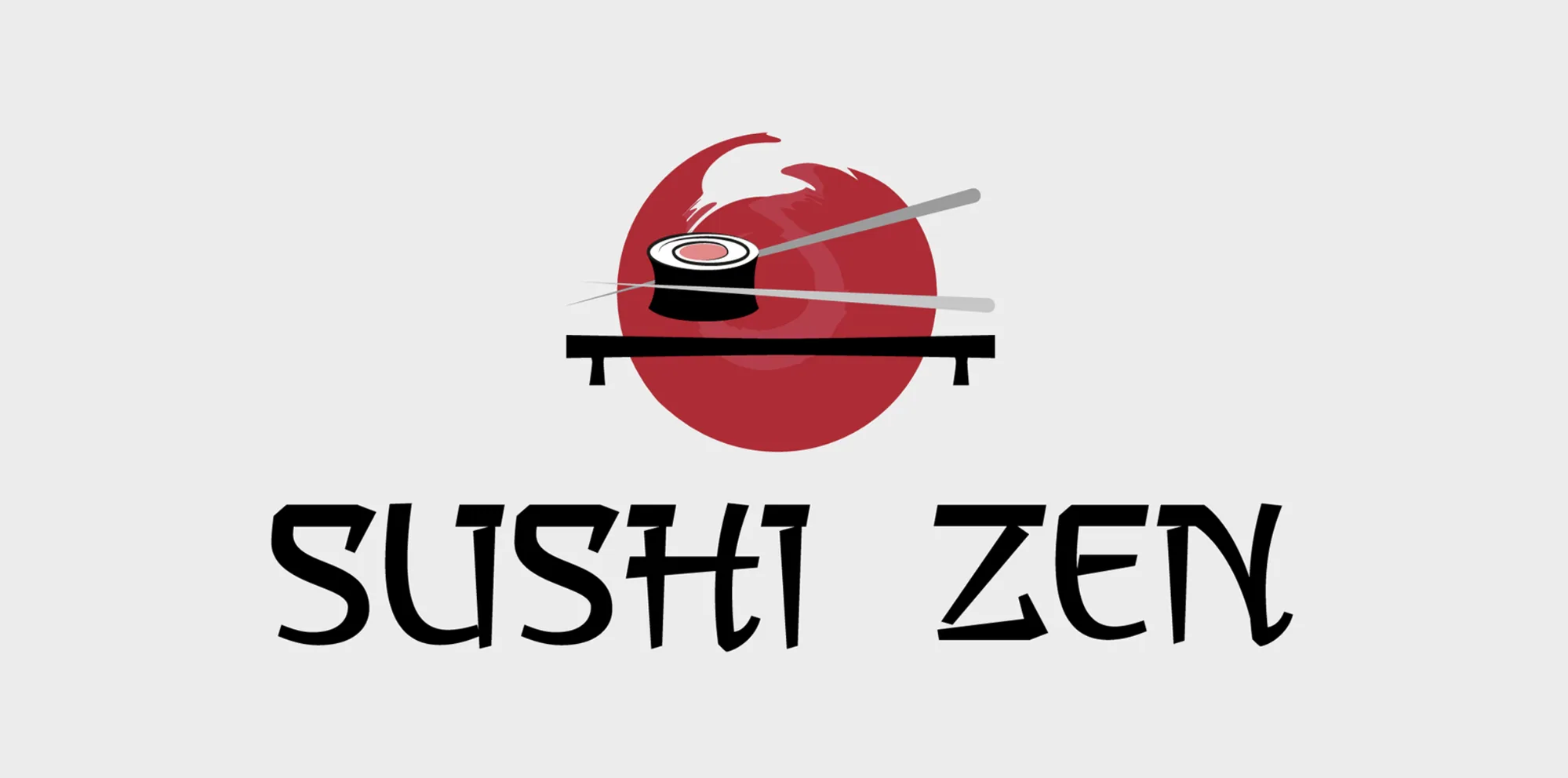 The original 2018 Sushi Zen logo: a red sun over a geta board with a sushi roll and chopsticks, and chop-suey style lettering