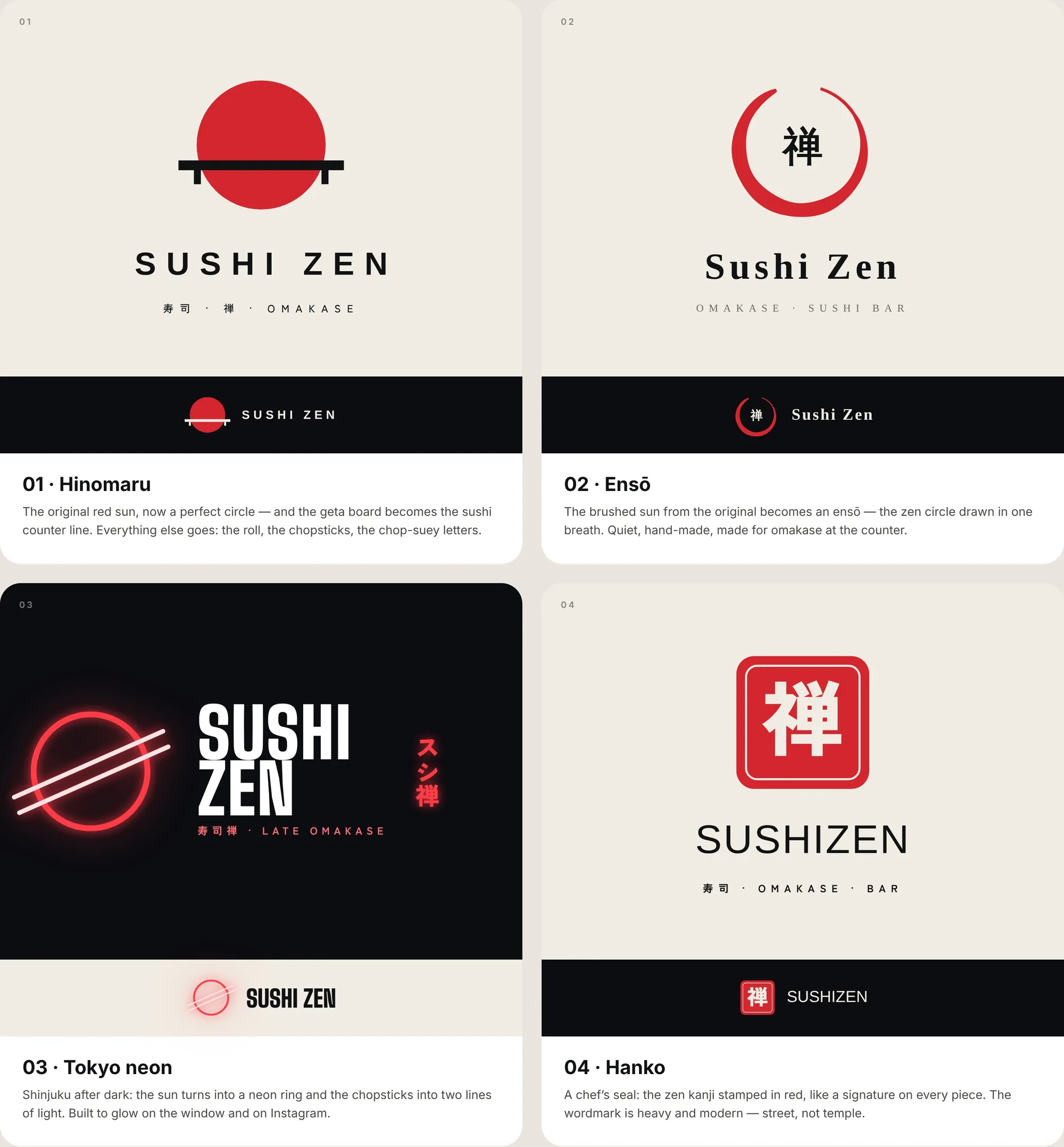Four logo directions: 01 Hinomaru, 02 Ensō, 03 Tokyo neon (chosen) and 04 Hanko, each with a primary lockup and a horizontal version