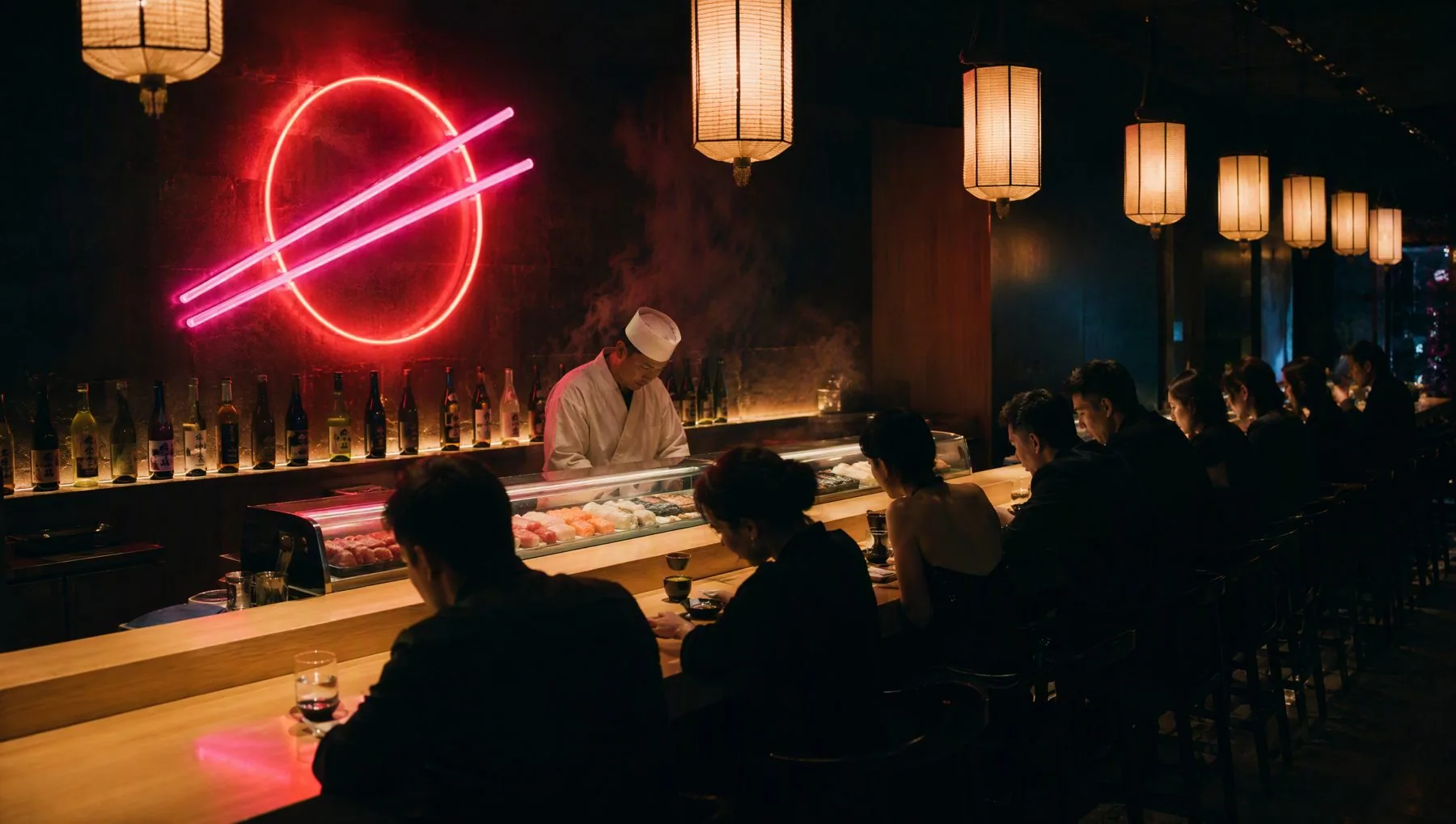 The hinoki counter under the neon ring sign