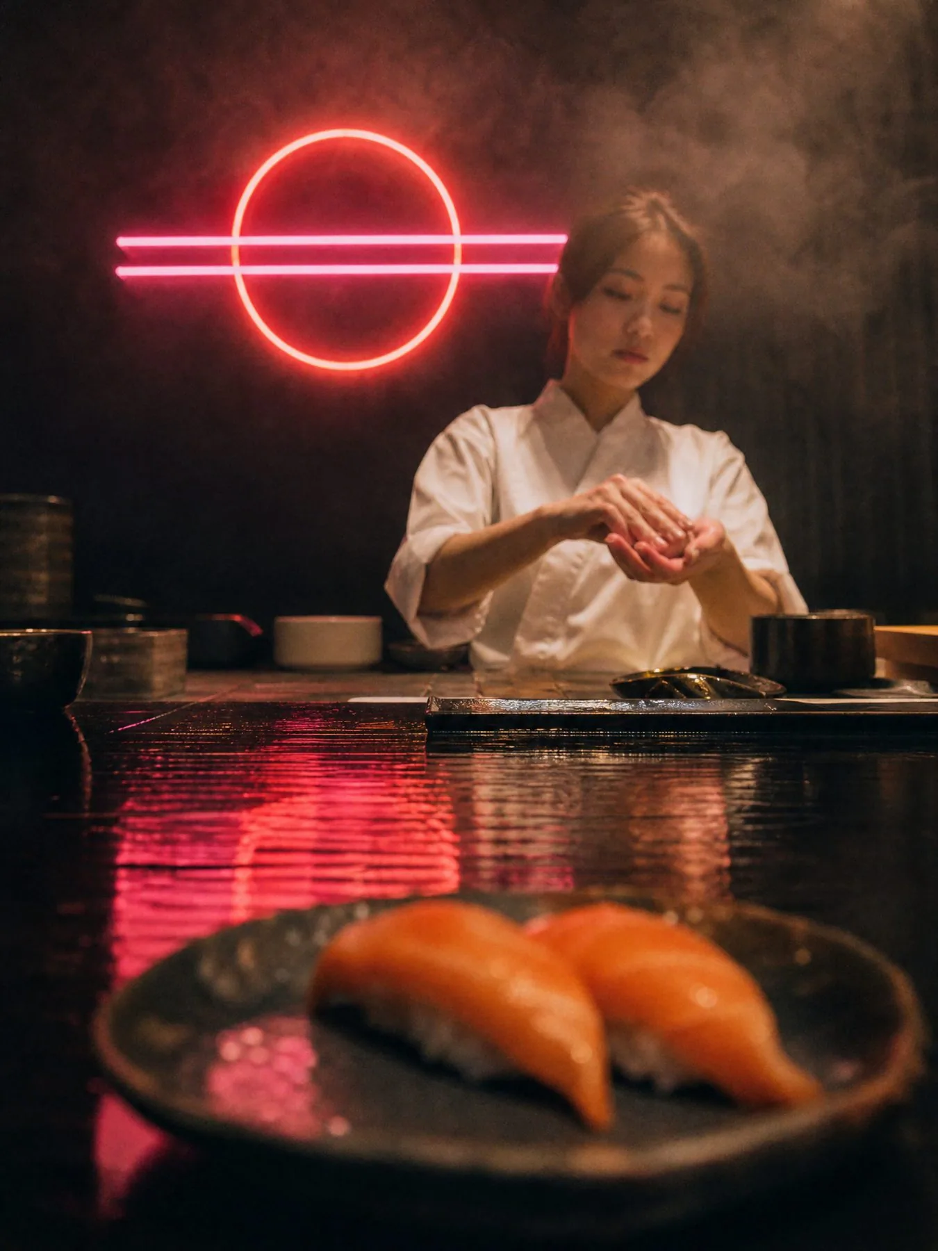 A chef pressing nigiri under the neon