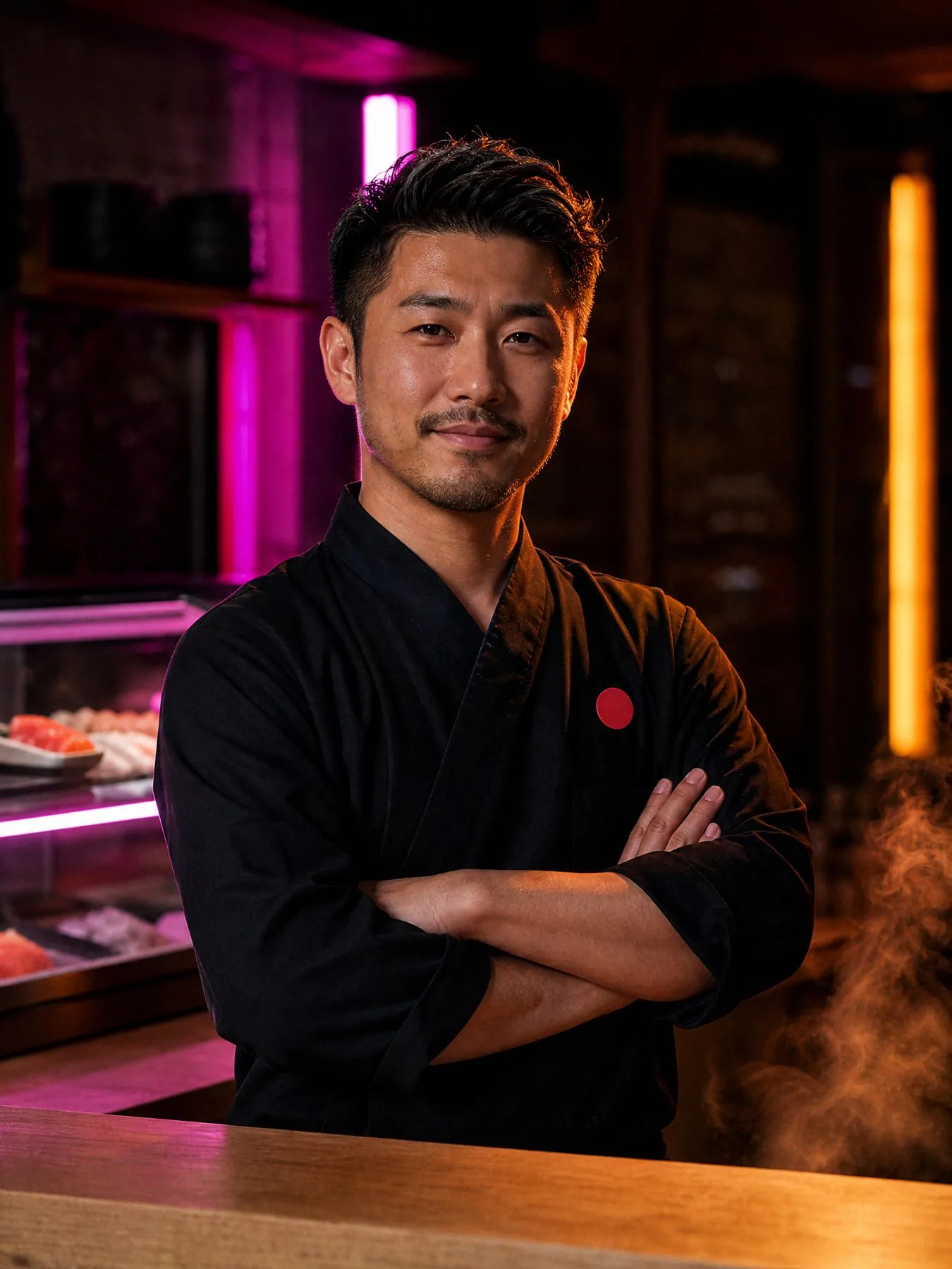 The chef in a black jacket with the red dot