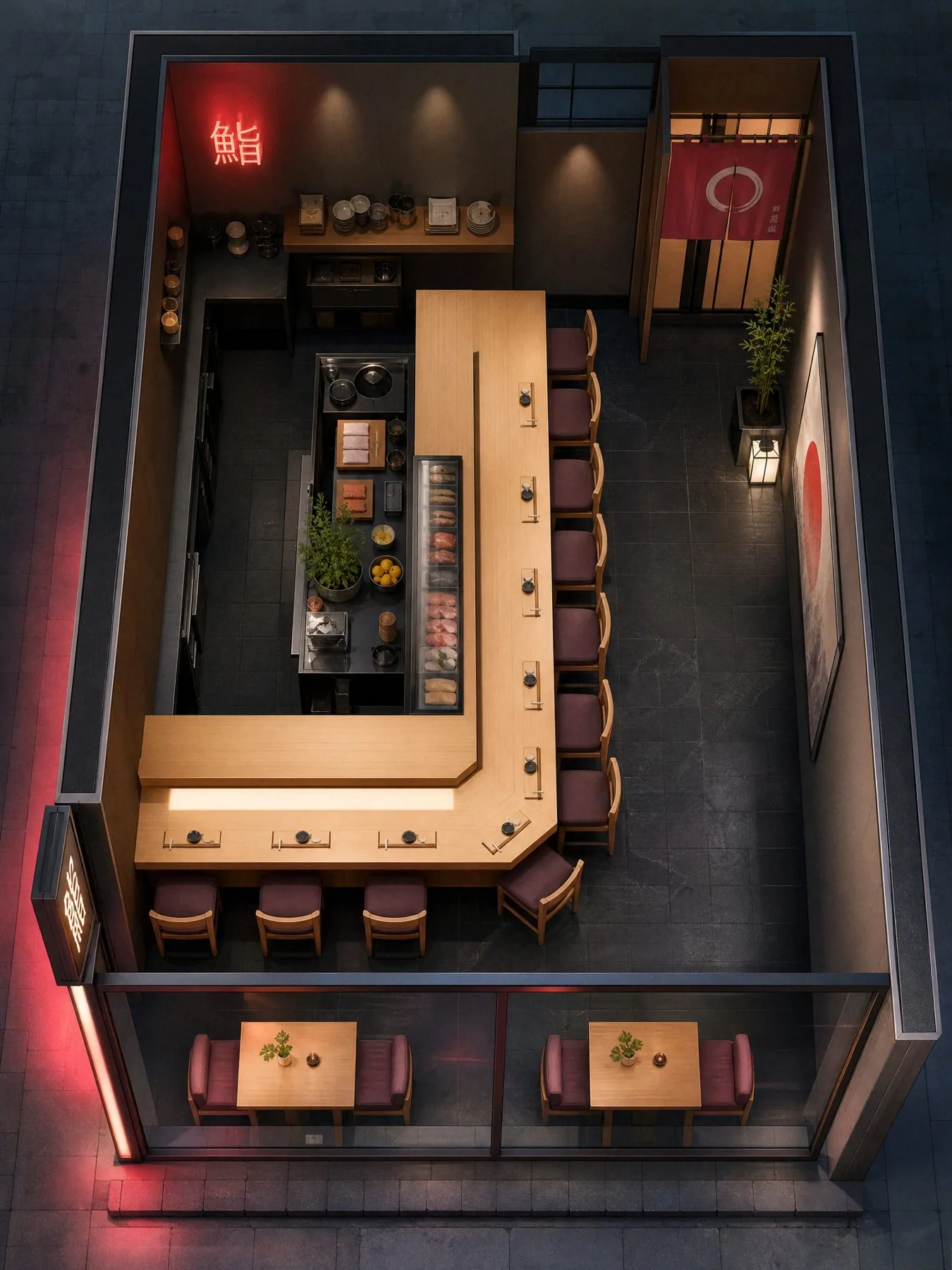 Bird’s-eye view of the L-shaped counter and window tables