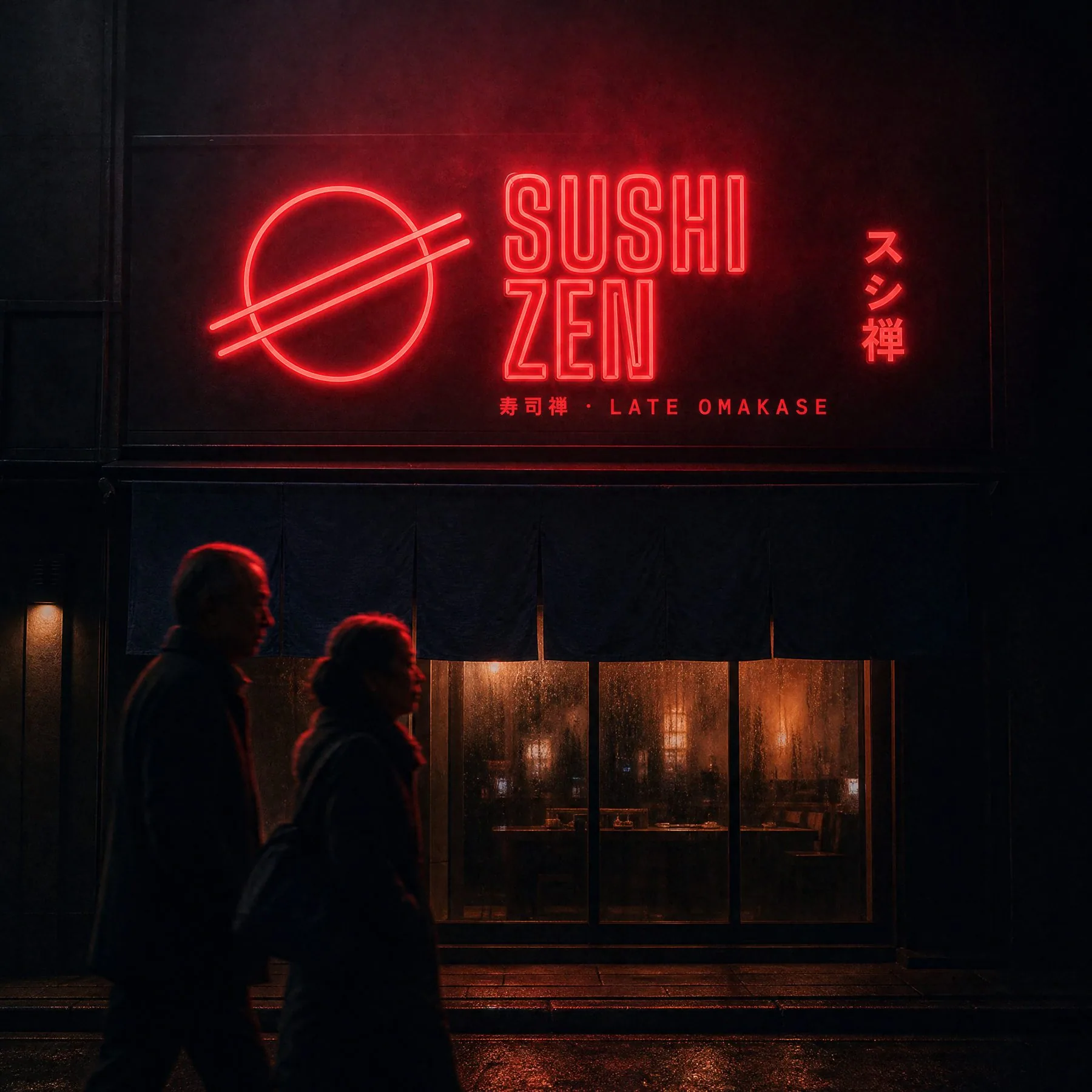 The storefront with the Sushi Zen neon sign