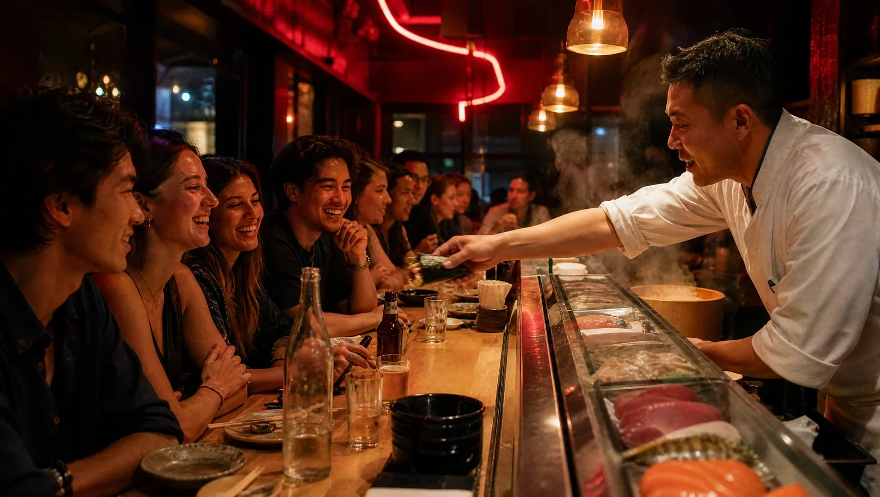 The counter at midnight, every seat taken