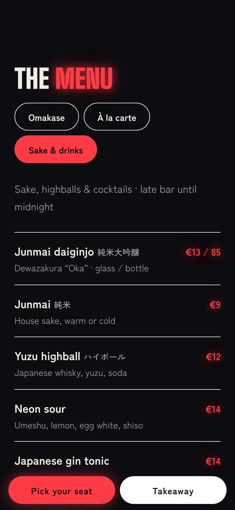 Drinks menu on mobile